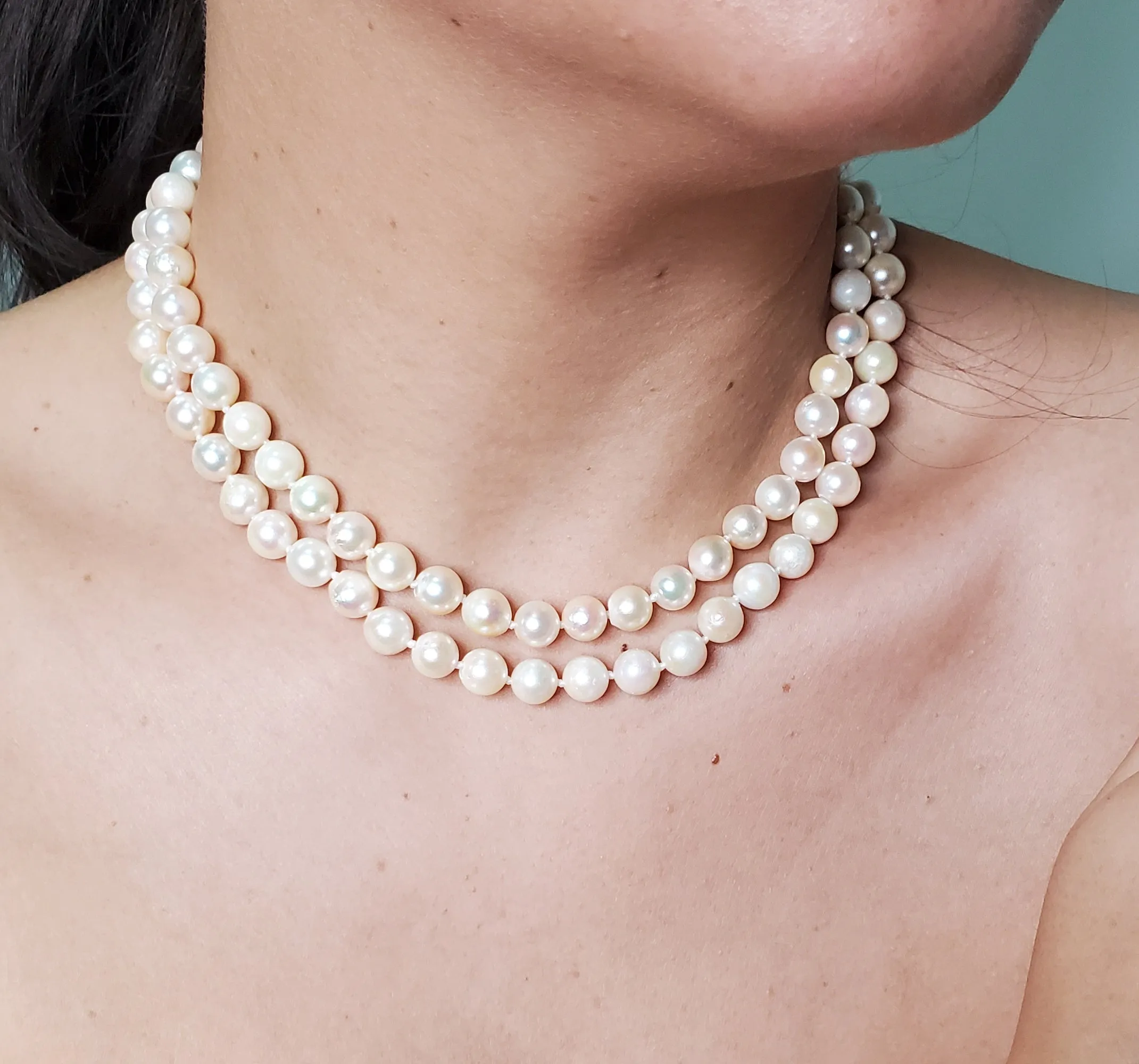 Classic Cultured Japanese PEARL 7.5mm White Double Strand Vintage NECKLACE 14k Gold