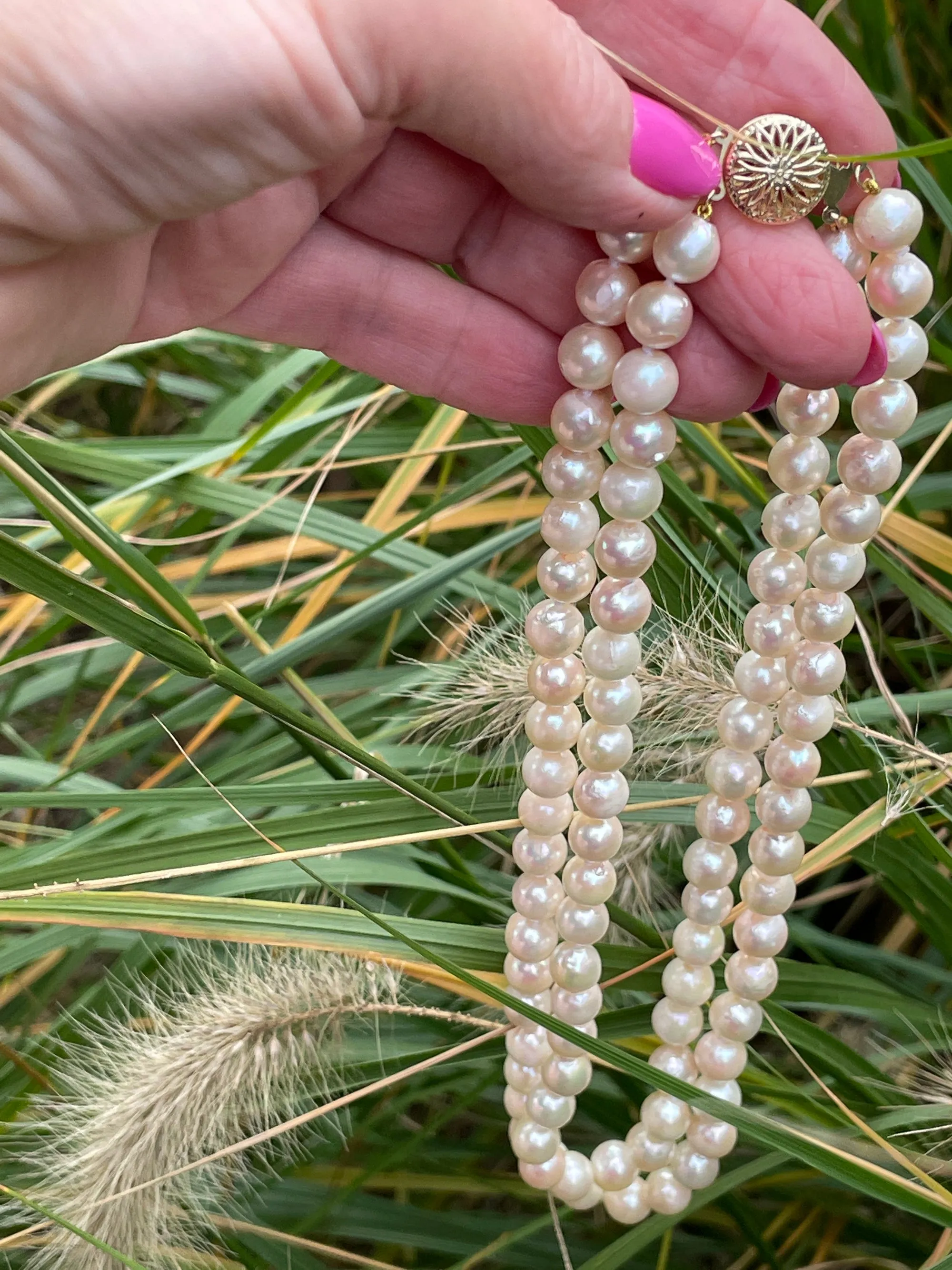 Classic Cultured Japanese PEARL 7.5mm White Double Strand Vintage NECKLACE 14k Gold