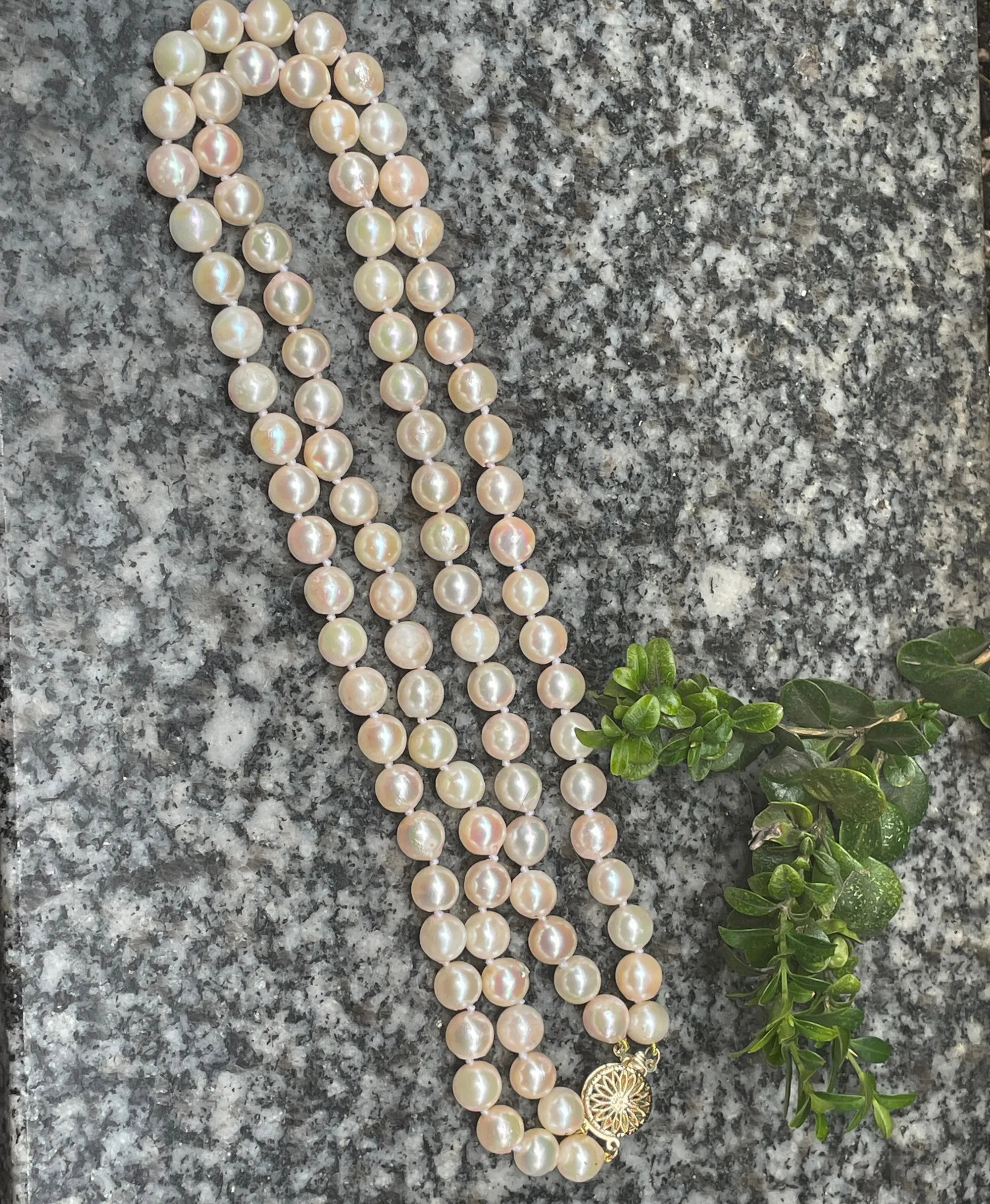 Classic Cultured Japanese PEARL 7.5mm White Double Strand Vintage NECKLACE 14k Gold