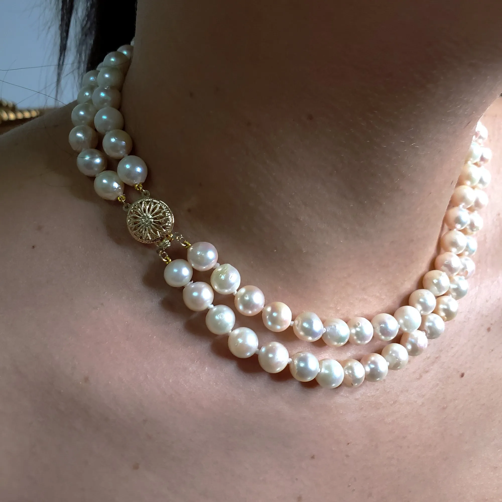 Classic Cultured Japanese PEARL 7.5mm White Double Strand Vintage NECKLACE 14k Gold