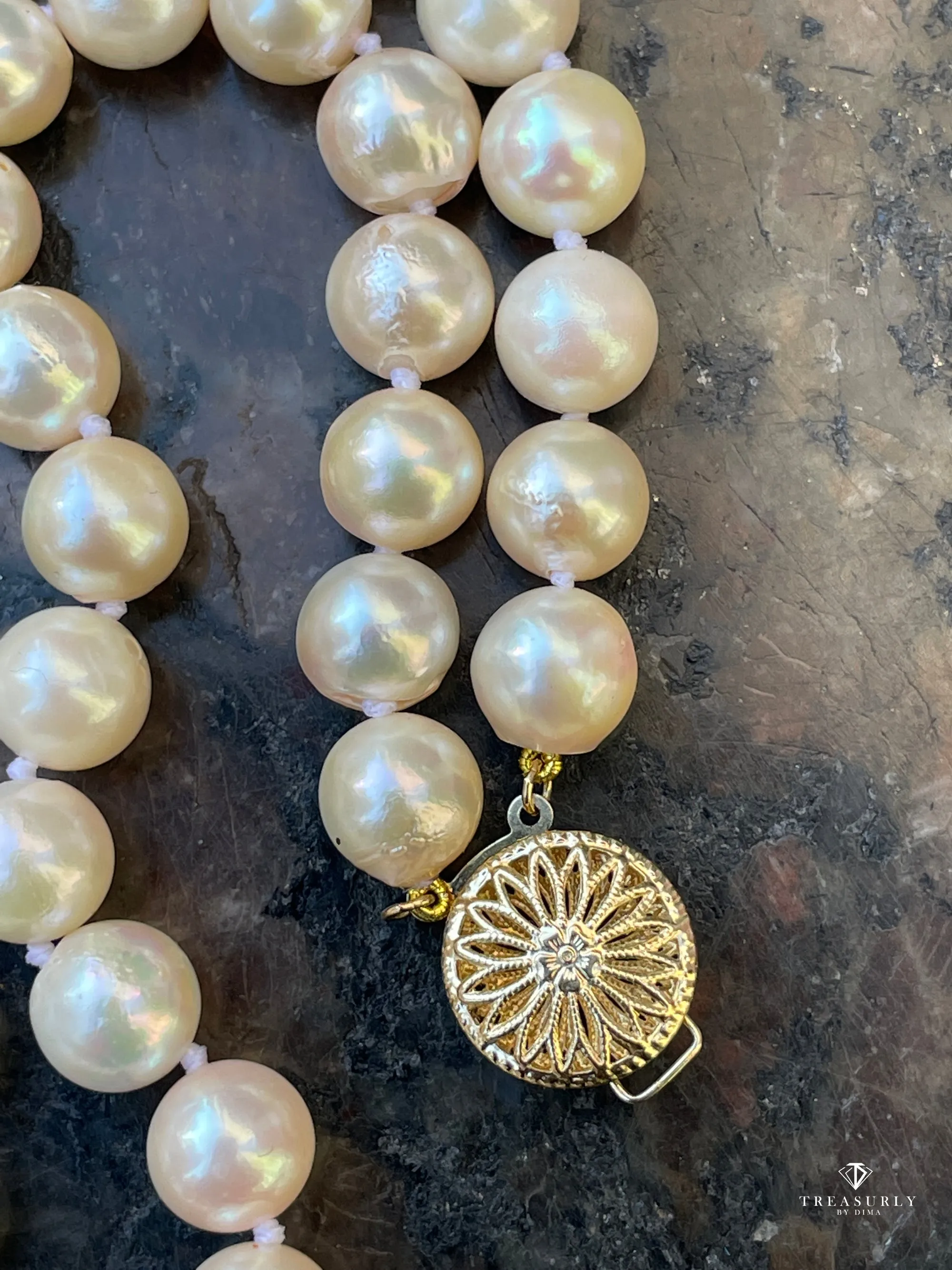 Classic Cultured Japanese PEARL 7.5mm White Double Strand Vintage NECKLACE 14k Gold