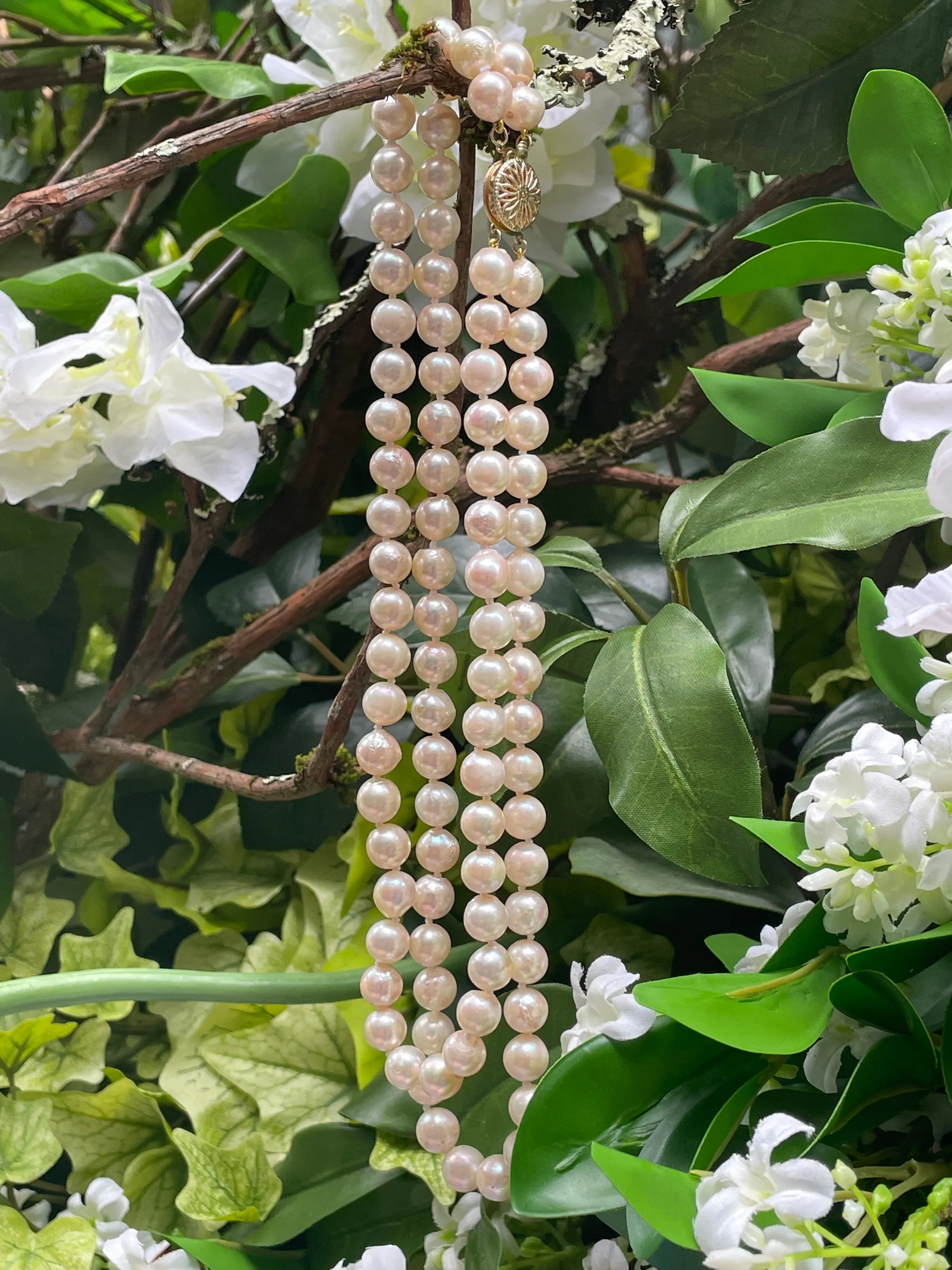 Classic Cultured Japanese PEARL 7.5mm White Double Strand Vintage NECKLACE 14k Gold