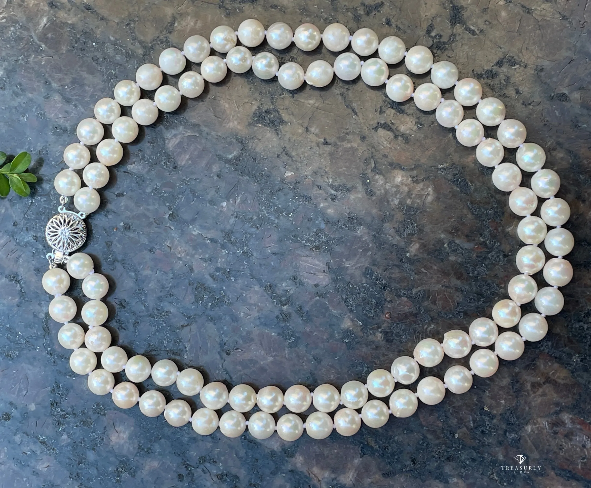 Classic Cultured Japanese PEARL 8.4mm White Double Strand Vintage NECKLACE 14k Gold