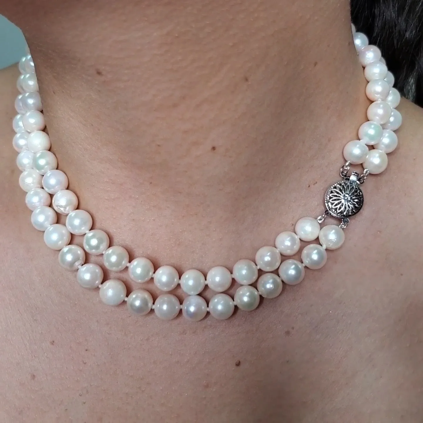 Classic Cultured Japanese PEARL 8.4mm White Double Strand Vintage NECKLACE 14k Gold