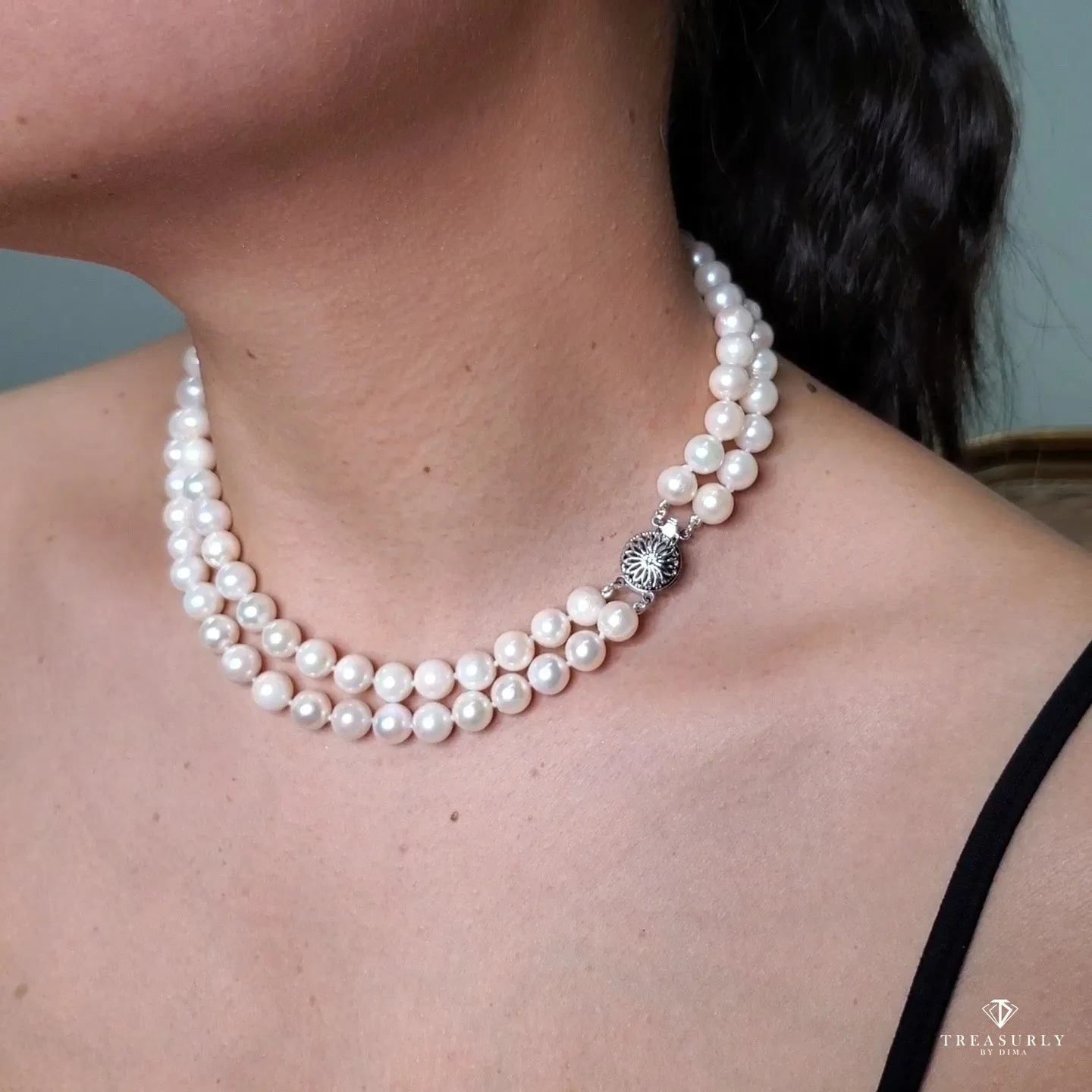 Classic Cultured Japanese PEARL 8.4mm White Double Strand Vintage NECKLACE 14k Gold