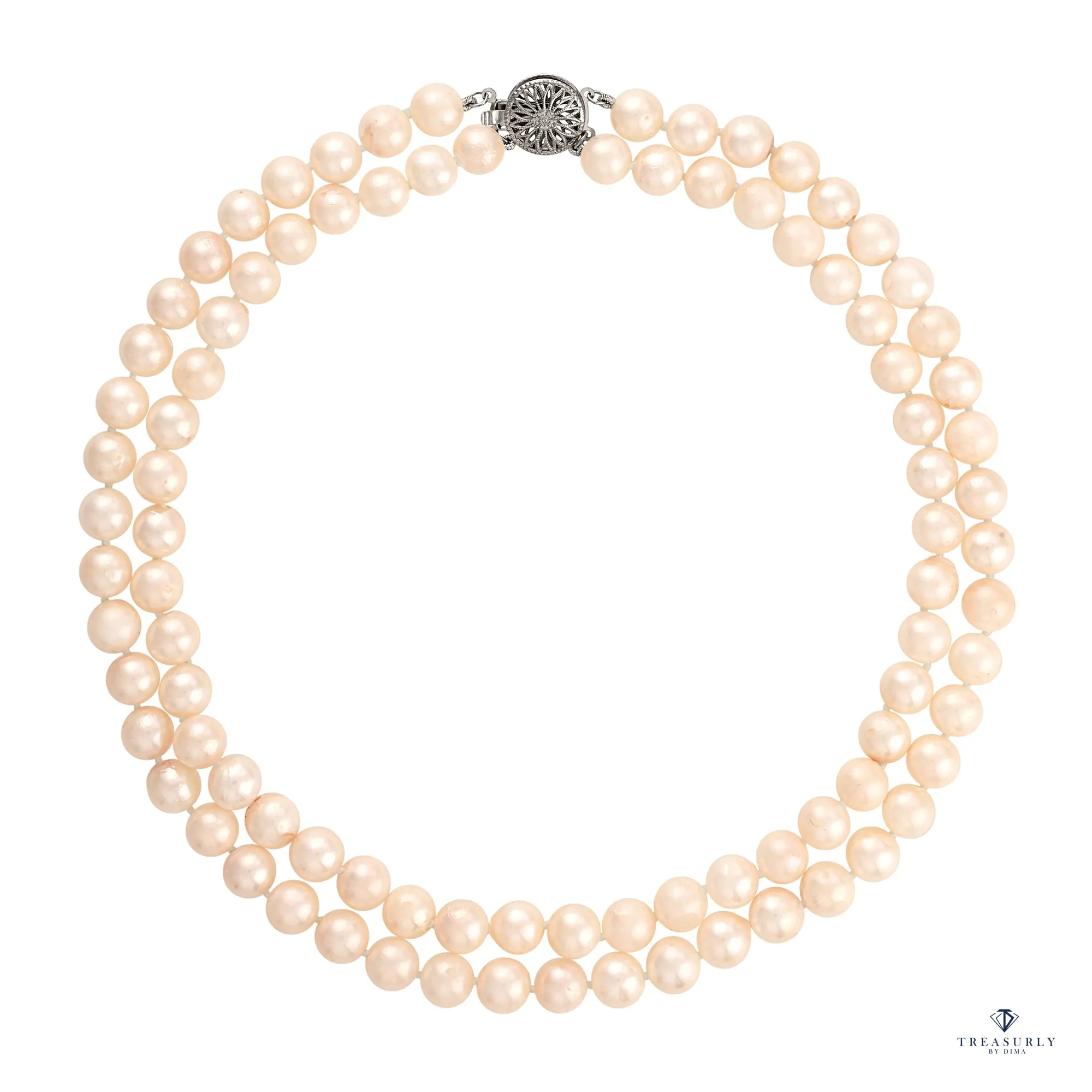 Classic Cultured Japanese PEARL 8.4mm White Double Strand Vintage NECKLACE 14k Gold