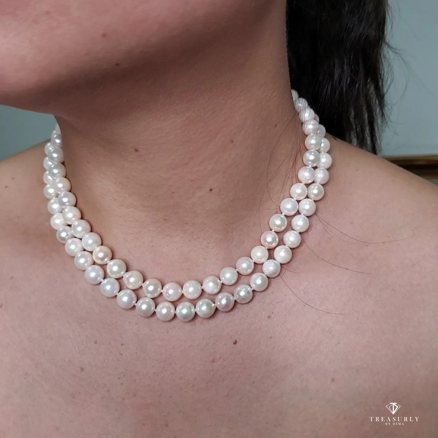 Classic Cultured Japanese PEARL 8.4mm White Double Strand Vintage NECKLACE 14k Gold