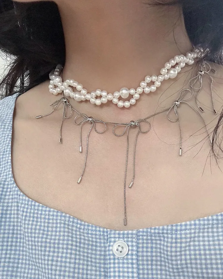 Coquette Aesthetic Silver Bows Choker