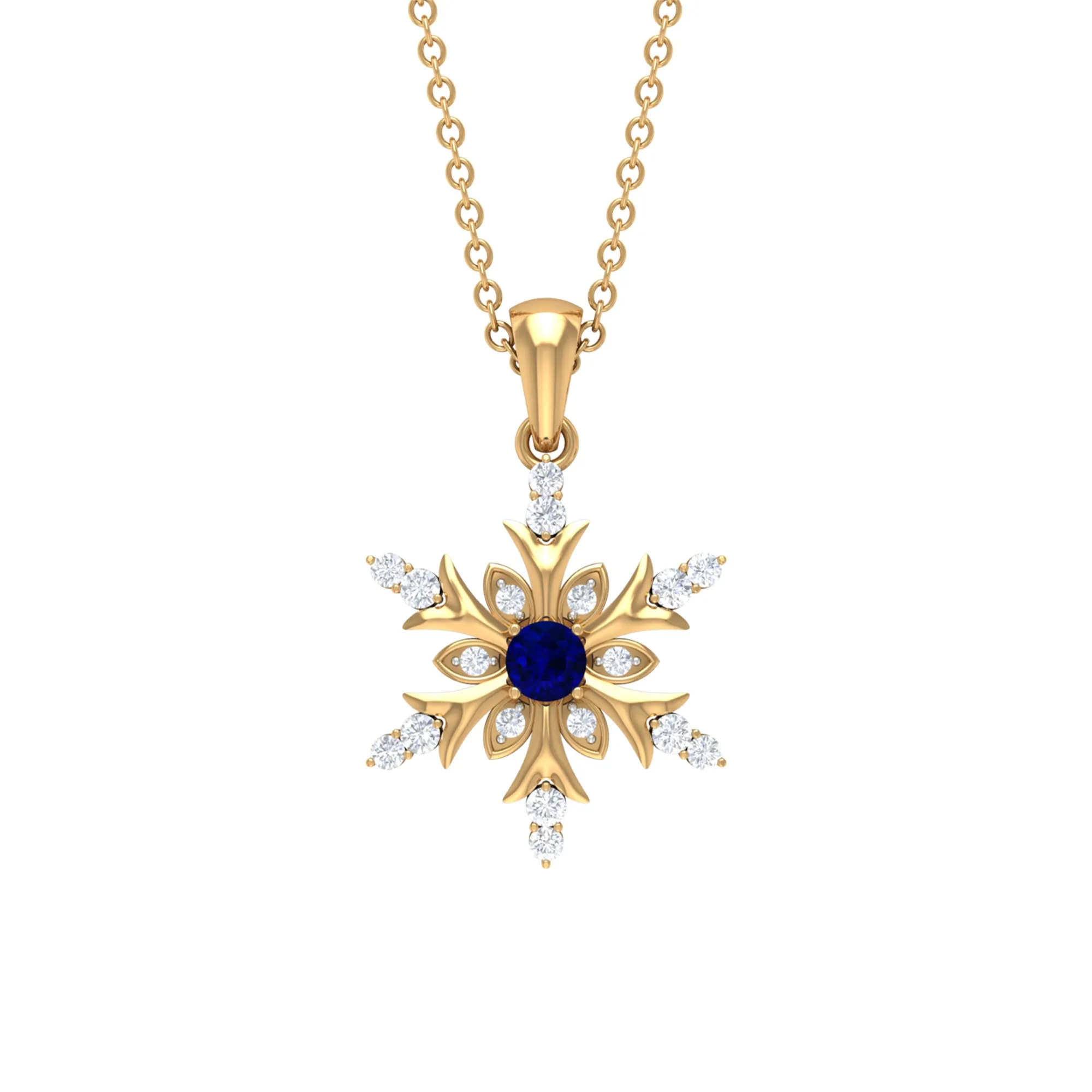 Created Blue Sapphire Designer Snowflake Pendant with Diamond