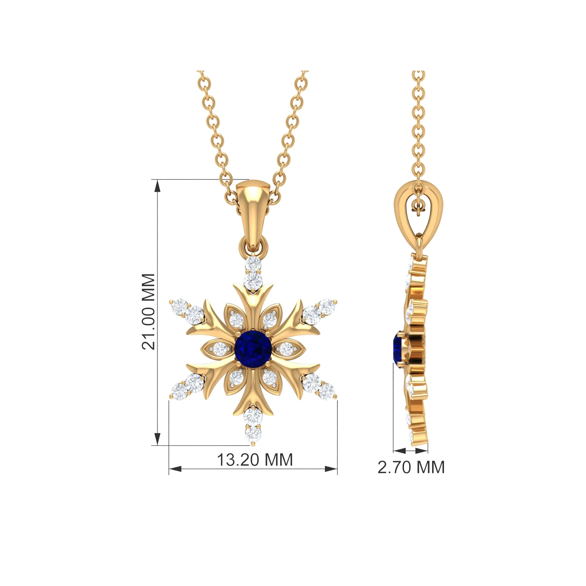 Created Blue Sapphire Designer Snowflake Pendant with Diamond