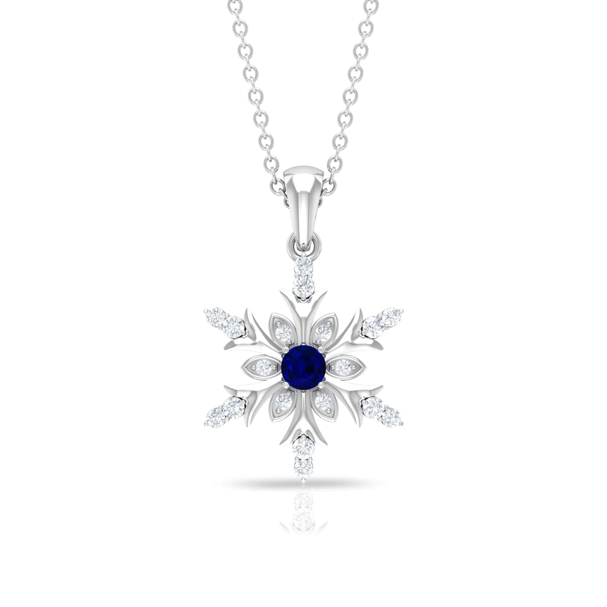Created Blue Sapphire Designer Snowflake Pendant with Diamond