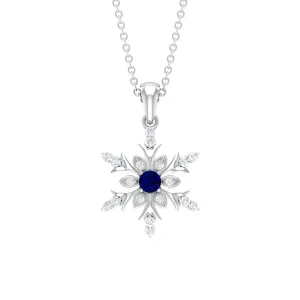 Created Blue Sapphire Designer Snowflake Pendant with Diamond