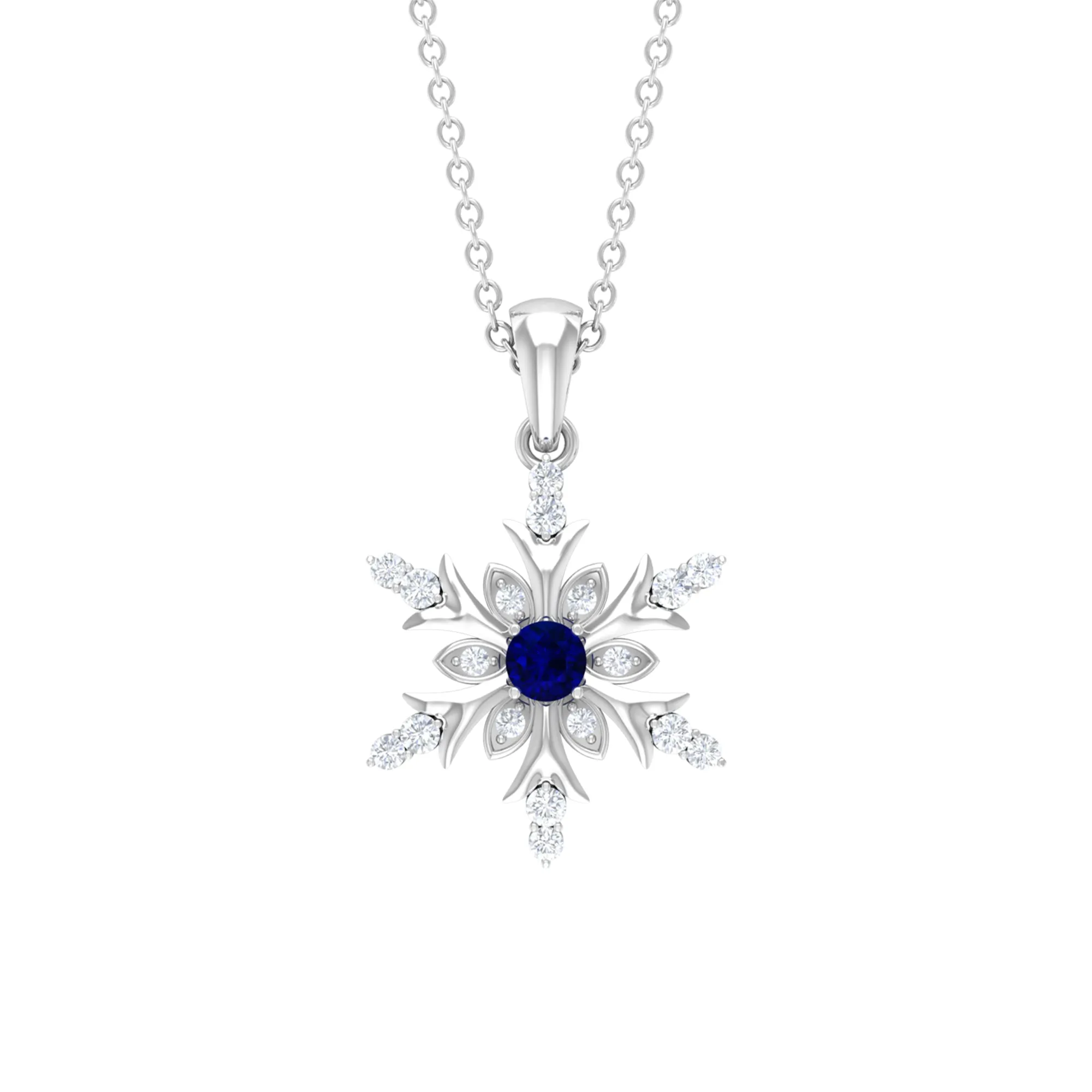 Created Blue Sapphire Designer Snowflake Pendant with Diamond