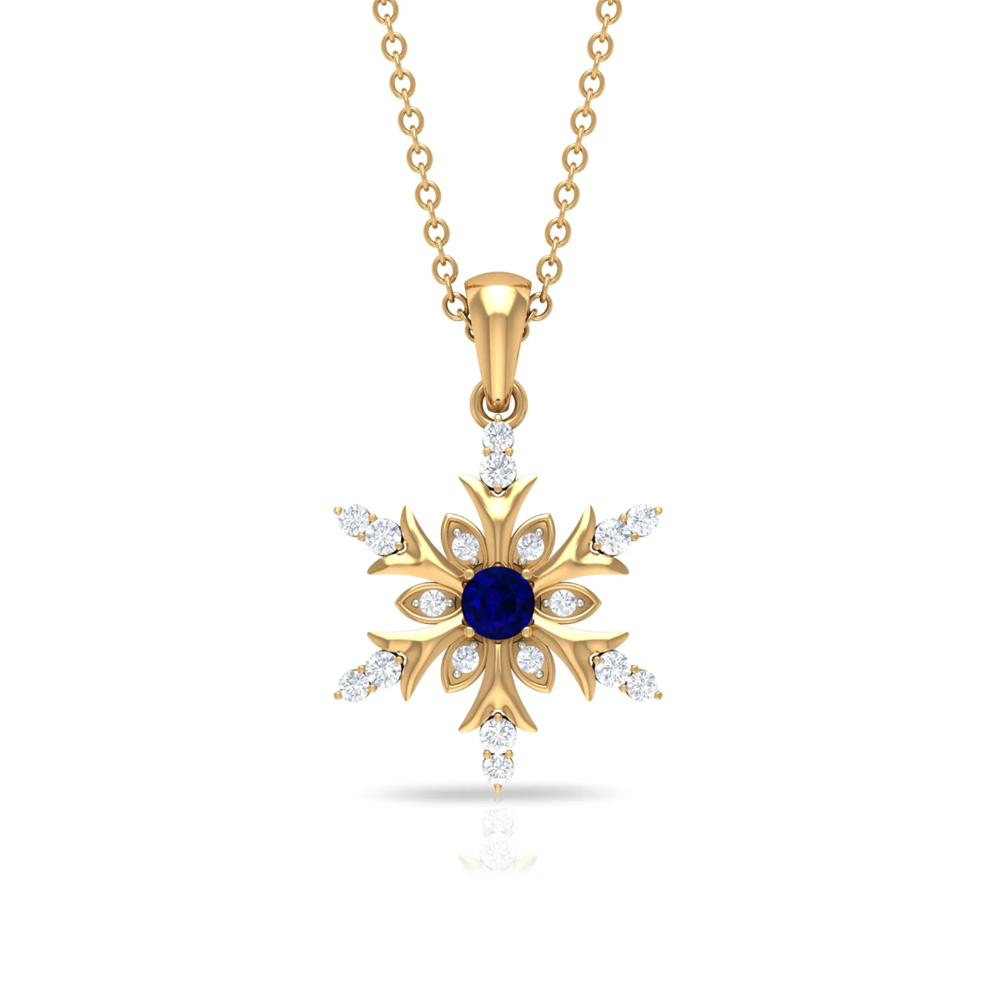 Created Blue Sapphire Designer Snowflake Pendant with Diamond