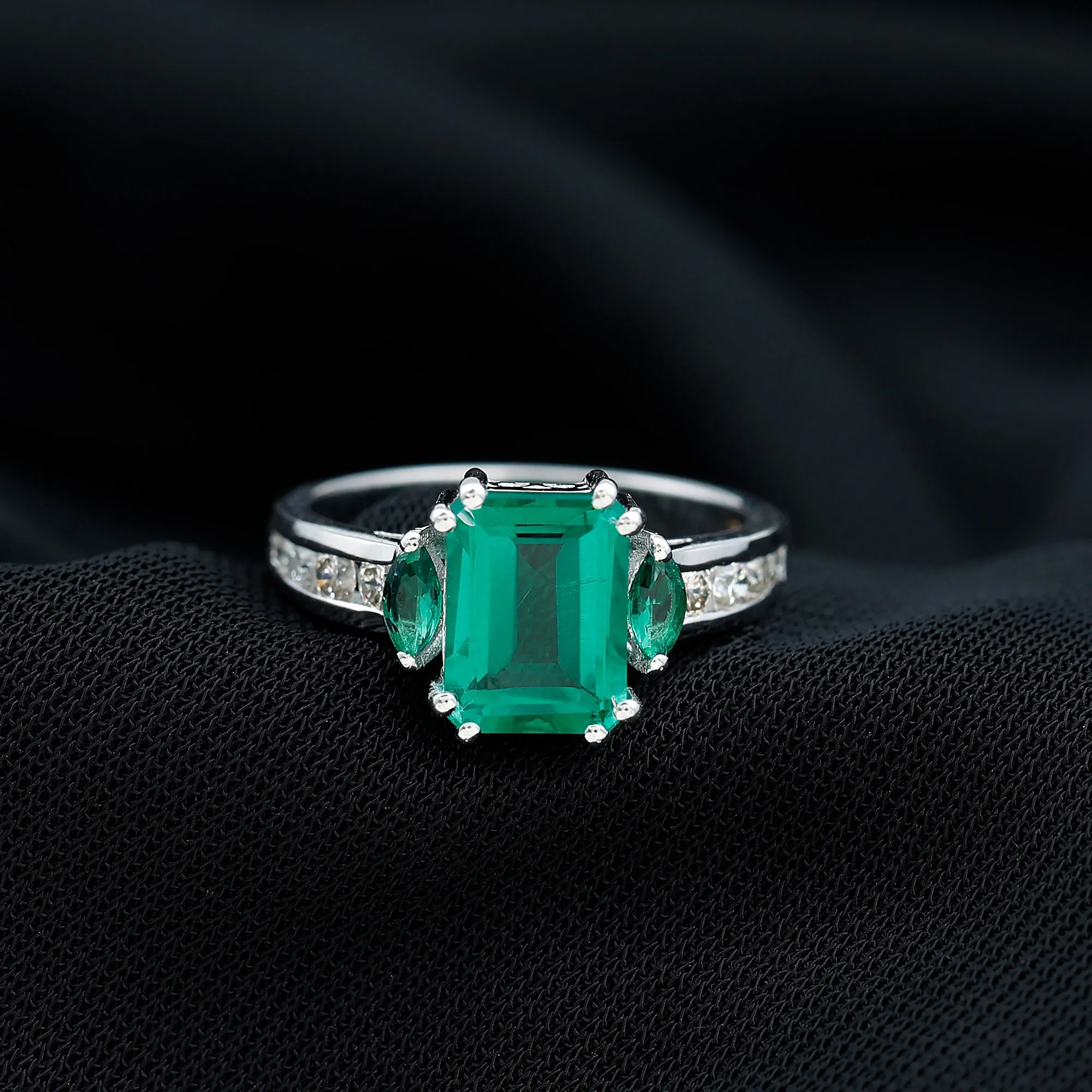 Created Emerald Cocktail Engagement Ring with Diamond Side Stones