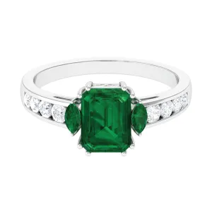 Created Emerald Cocktail Engagement Ring with Diamond Side Stones