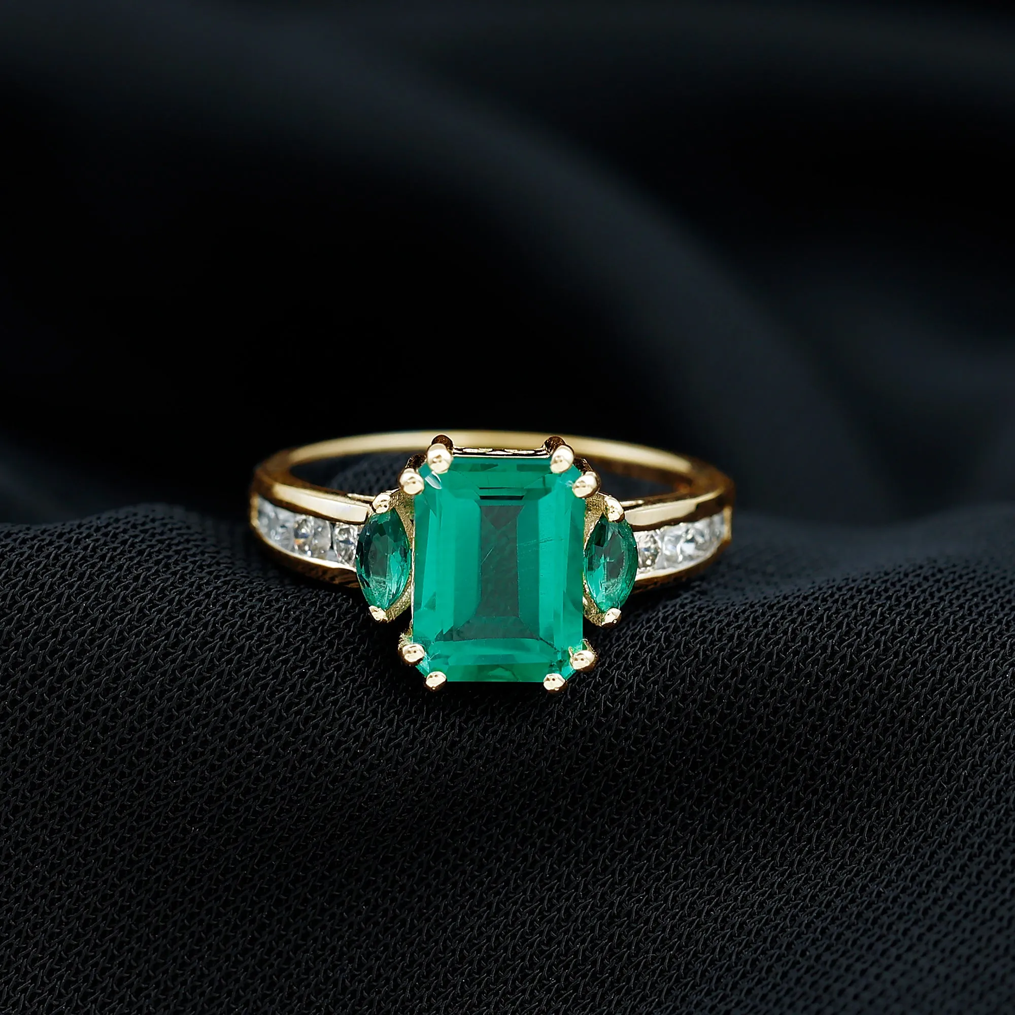 Created Emerald Cocktail Engagement Ring with Diamond Side Stones