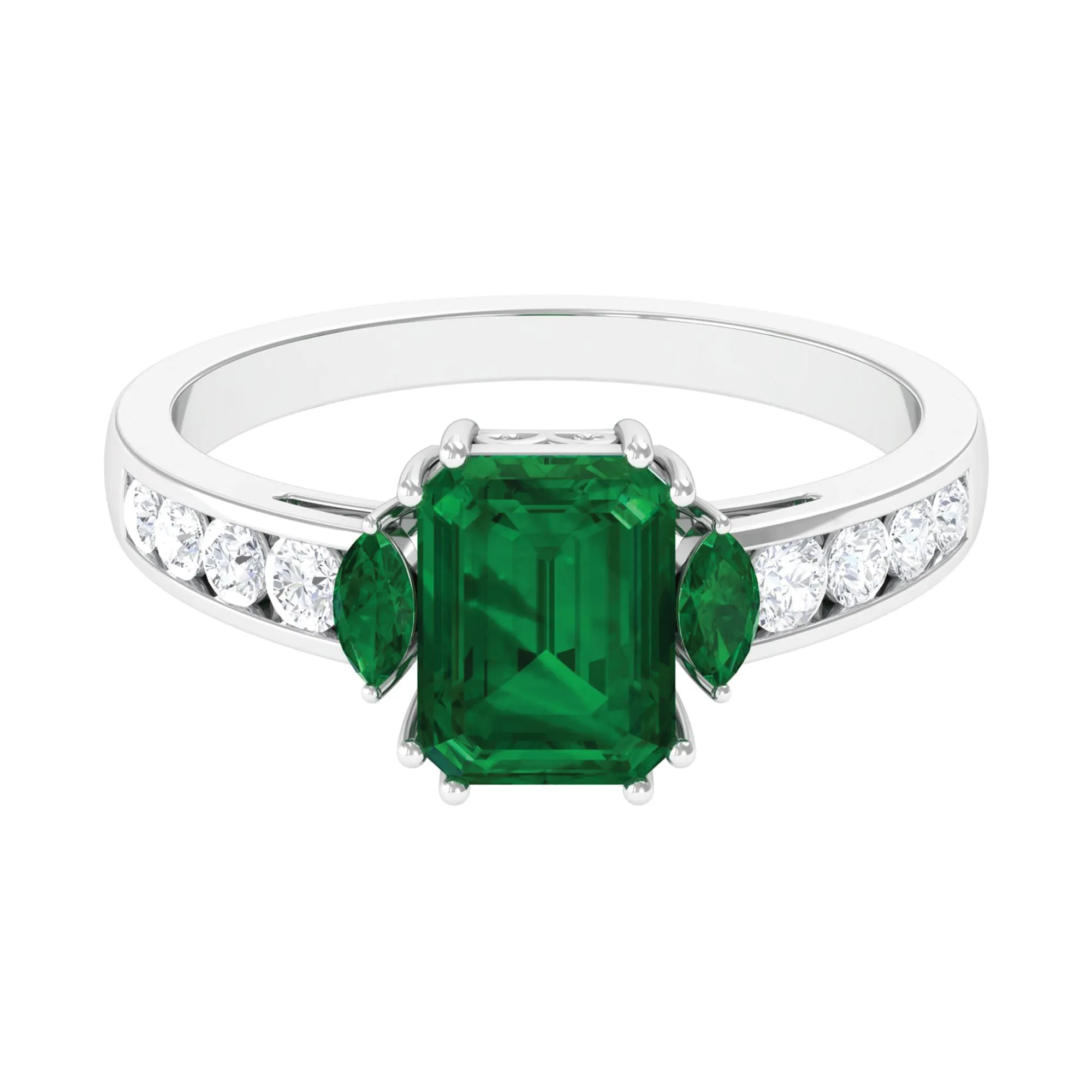 Created Emerald Cocktail Engagement Ring with Diamond Side Stones