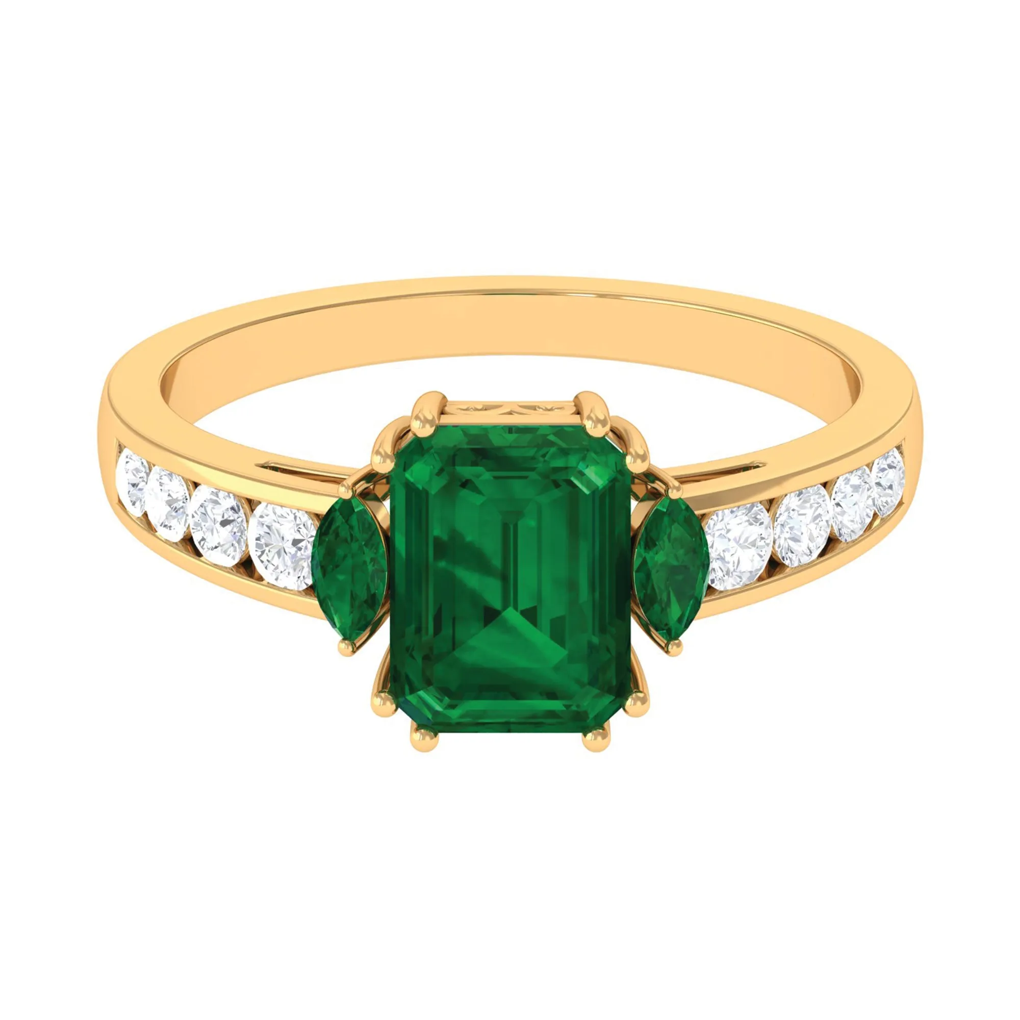 Created Emerald Cocktail Engagement Ring with Diamond Side Stones