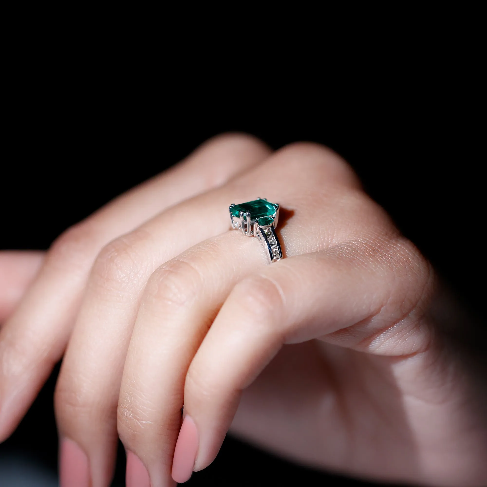 Created Emerald Cocktail Engagement Ring with Diamond Side Stones