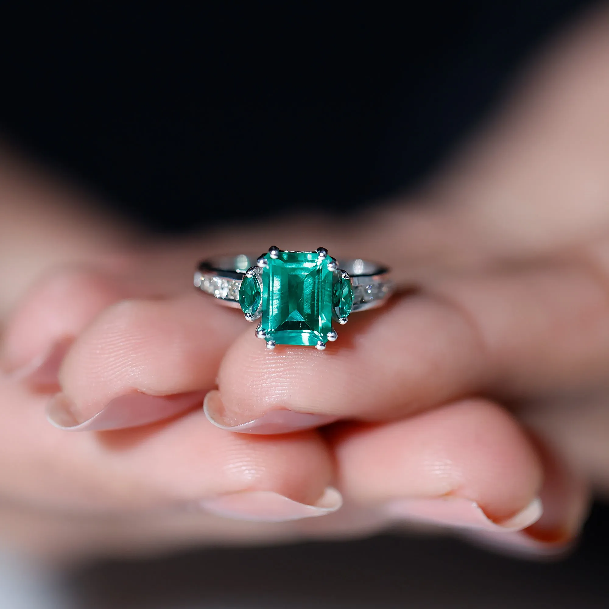 Created Emerald Cocktail Engagement Ring with Diamond Side Stones