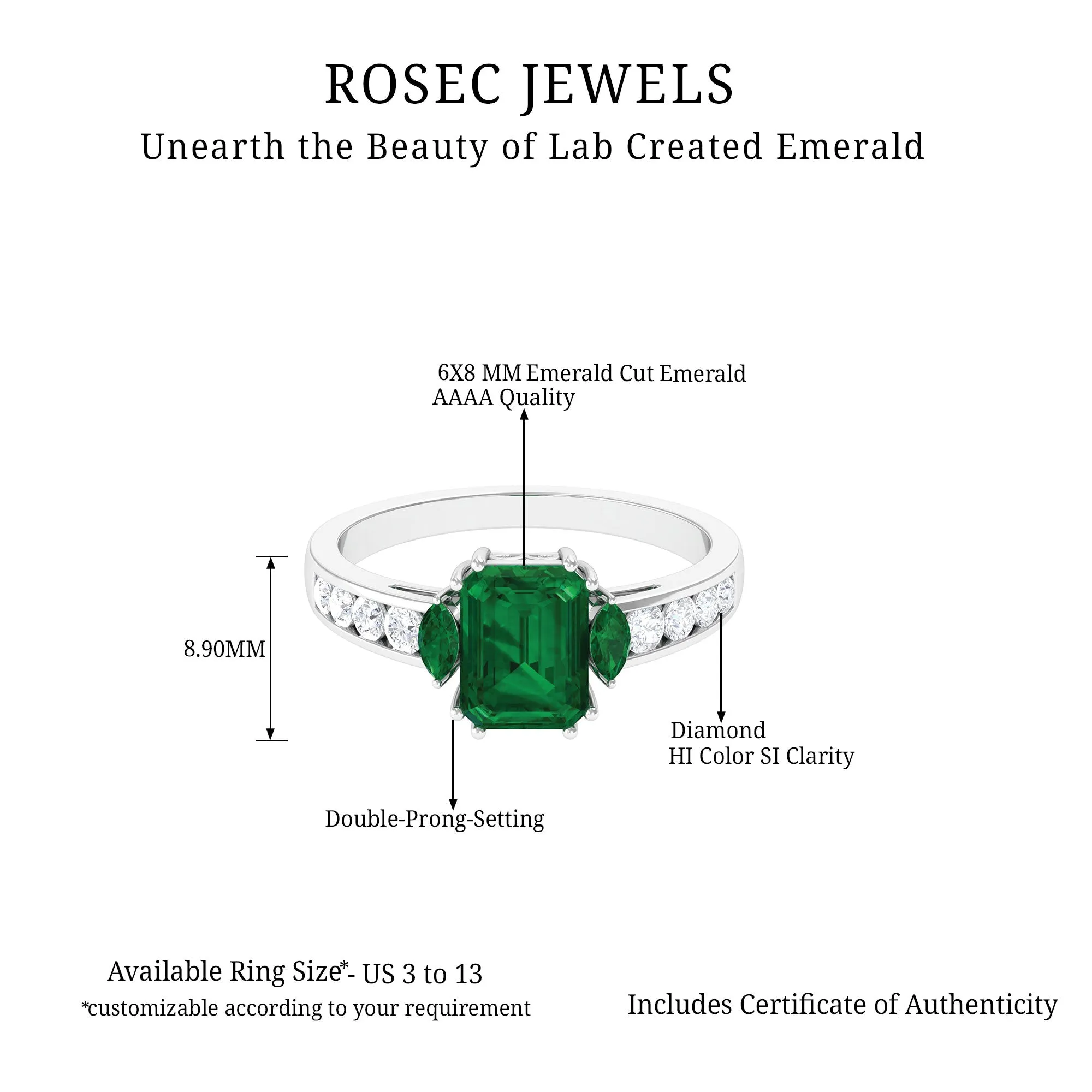 Created Emerald Cocktail Engagement Ring with Diamond Side Stones