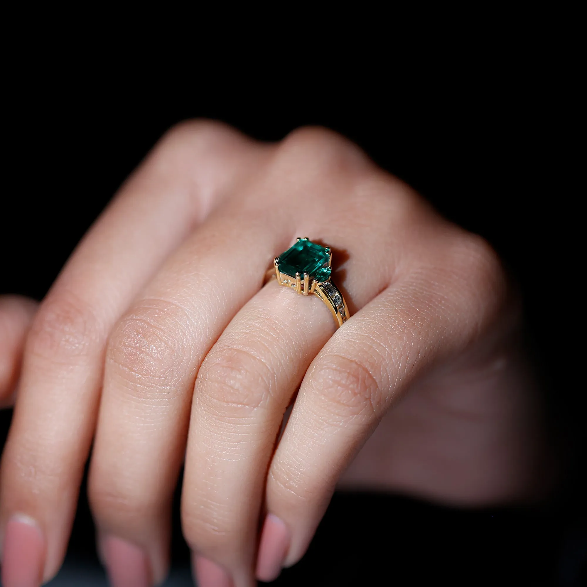 Created Emerald Cocktail Engagement Ring with Diamond Side Stones