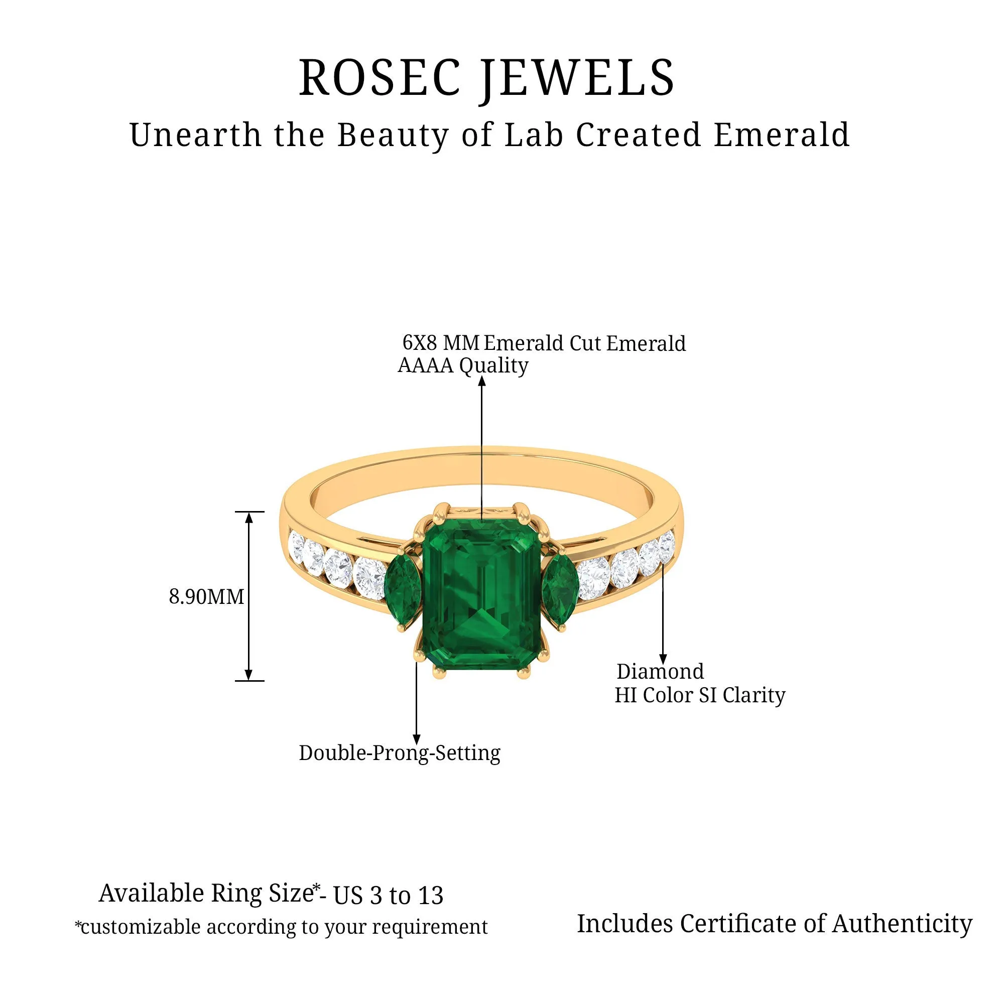 Created Emerald Cocktail Engagement Ring with Diamond Side Stones