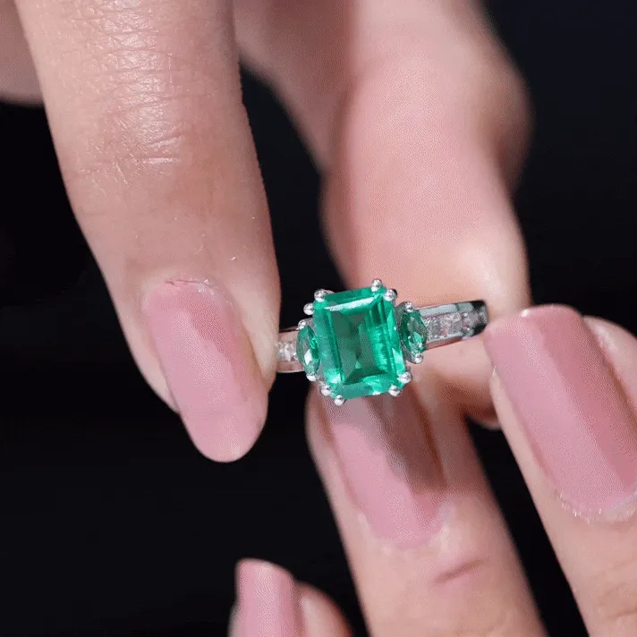 Created Emerald Cocktail Engagement Ring with Diamond Side Stones