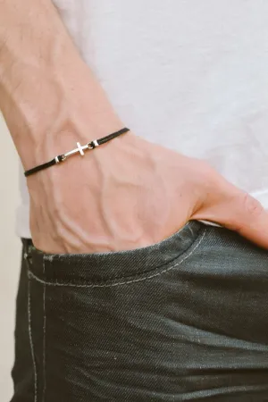 Cross bracelet for men, black cord, silver charm, catholic jewelry, gift for him, handmade