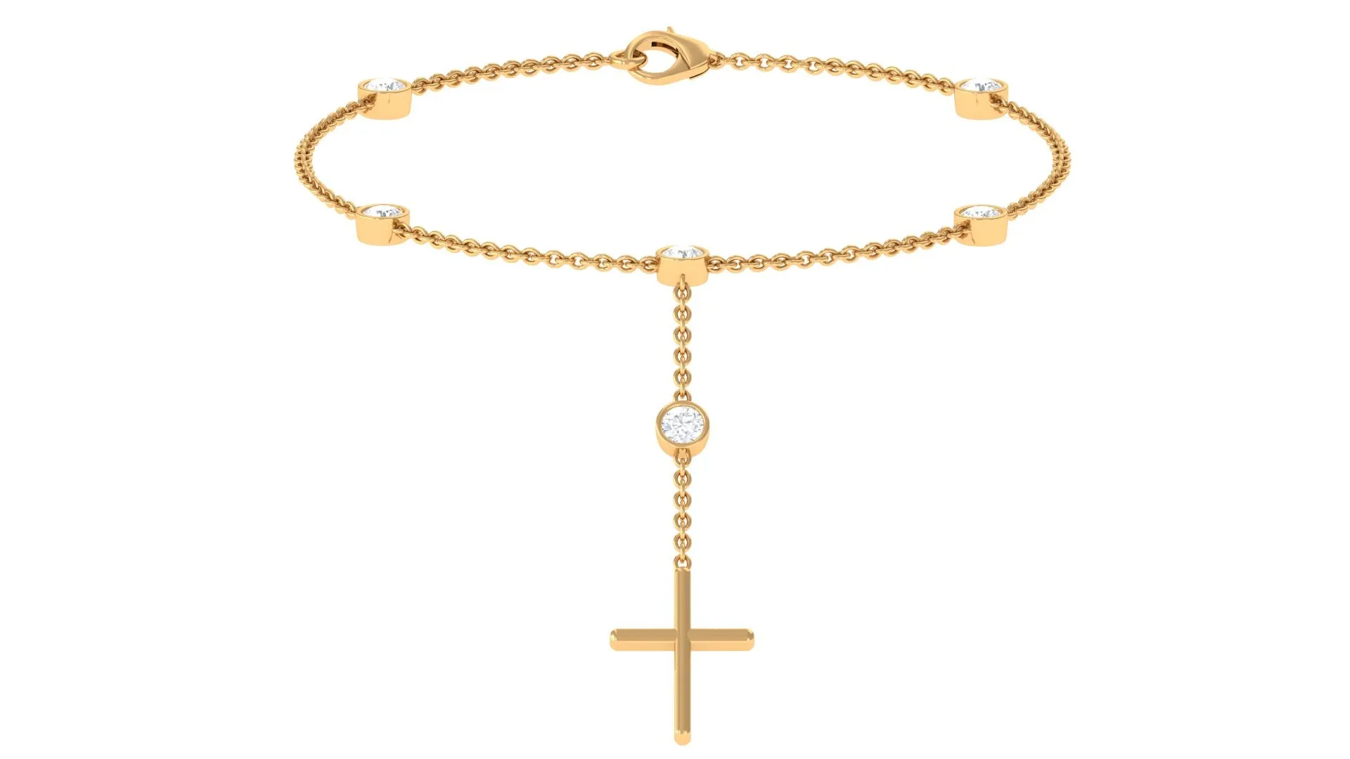 Cubic Zirconia Station Chain Bracelet with Gold Cross Charm