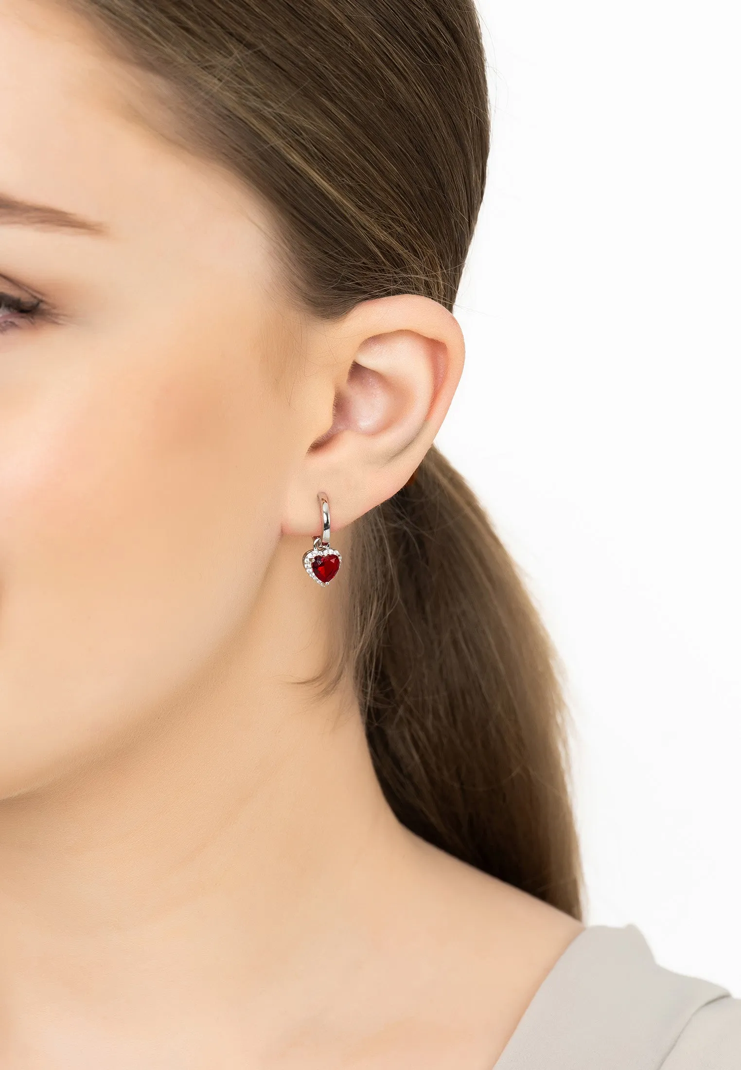Cupids Sparkle Ruby Heart Drop Earrings Silver