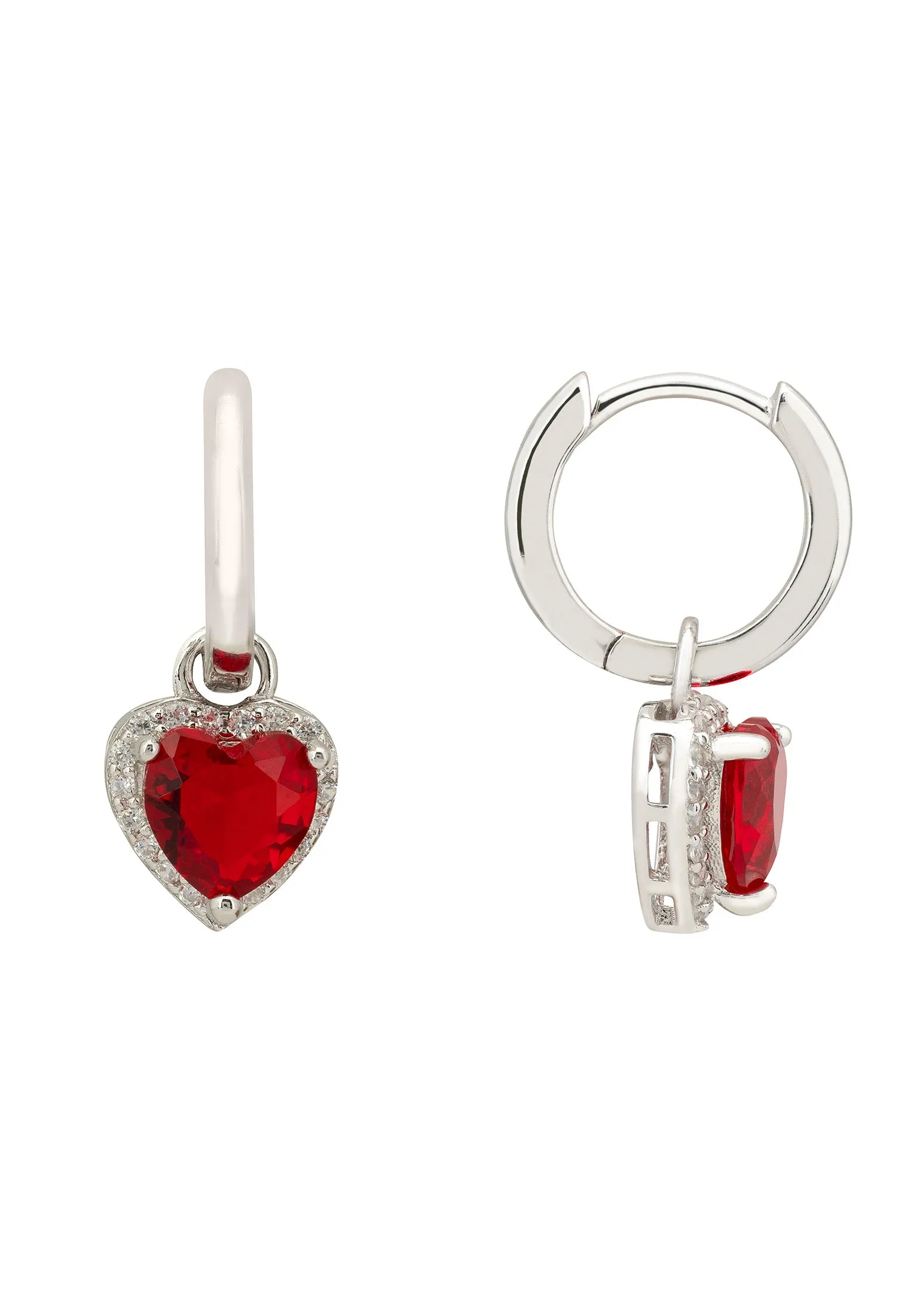 Cupids Sparkle Ruby Heart Drop Earrings Silver