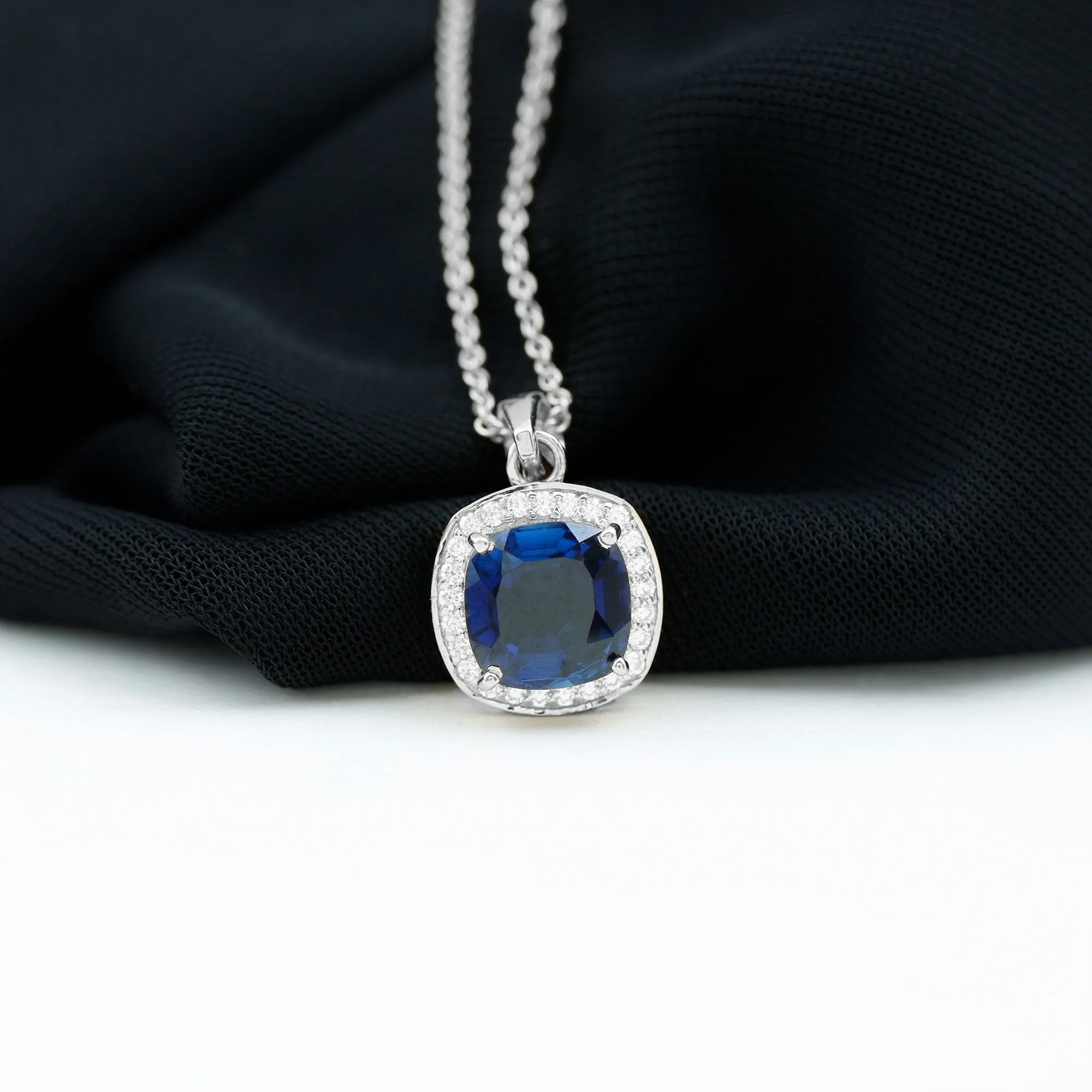 Cushion Cut Lab Created Blue Sapphire Halo Pendant Necklace With Moissanite