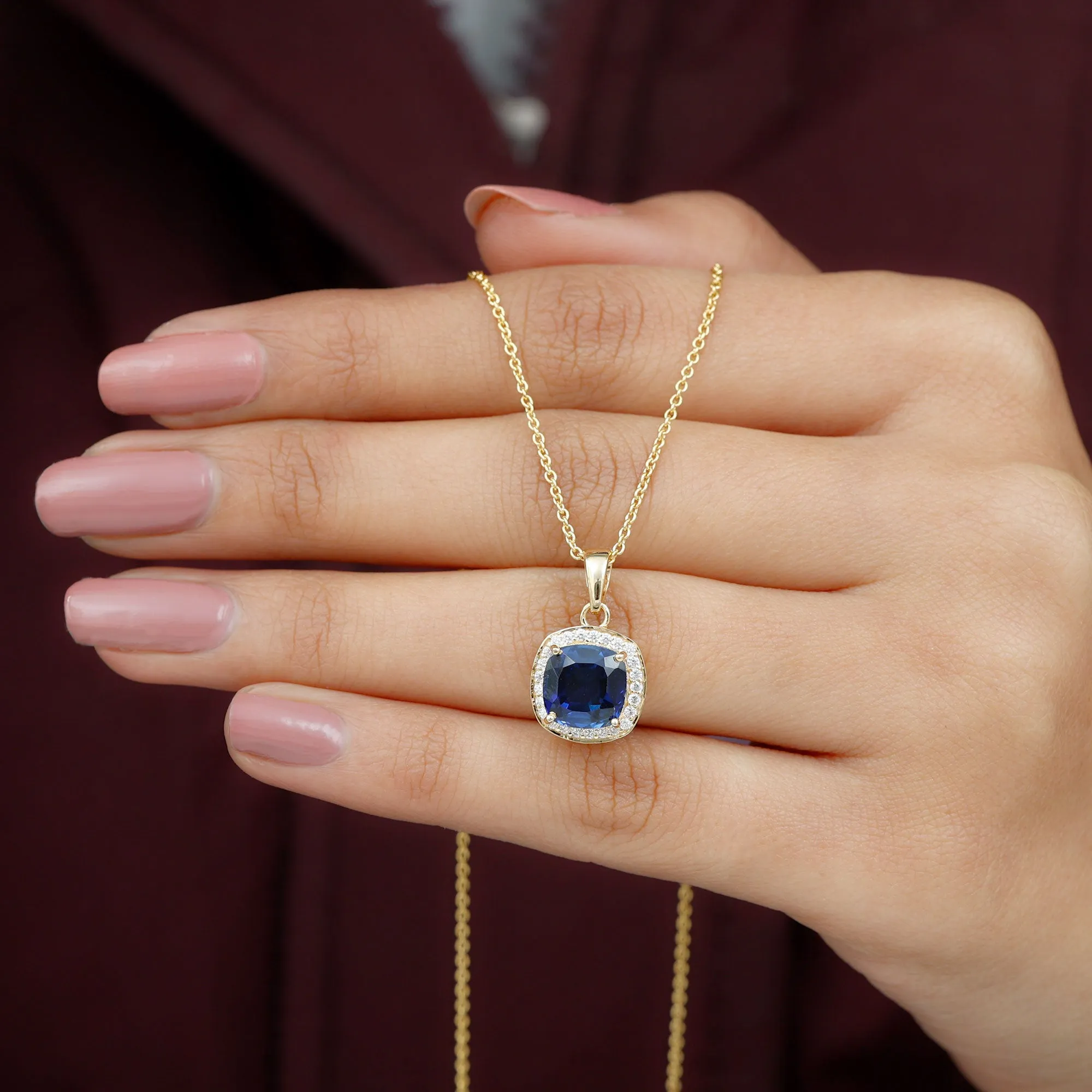 Cushion Cut Lab Created Blue Sapphire Halo Pendant Necklace With Moissanite