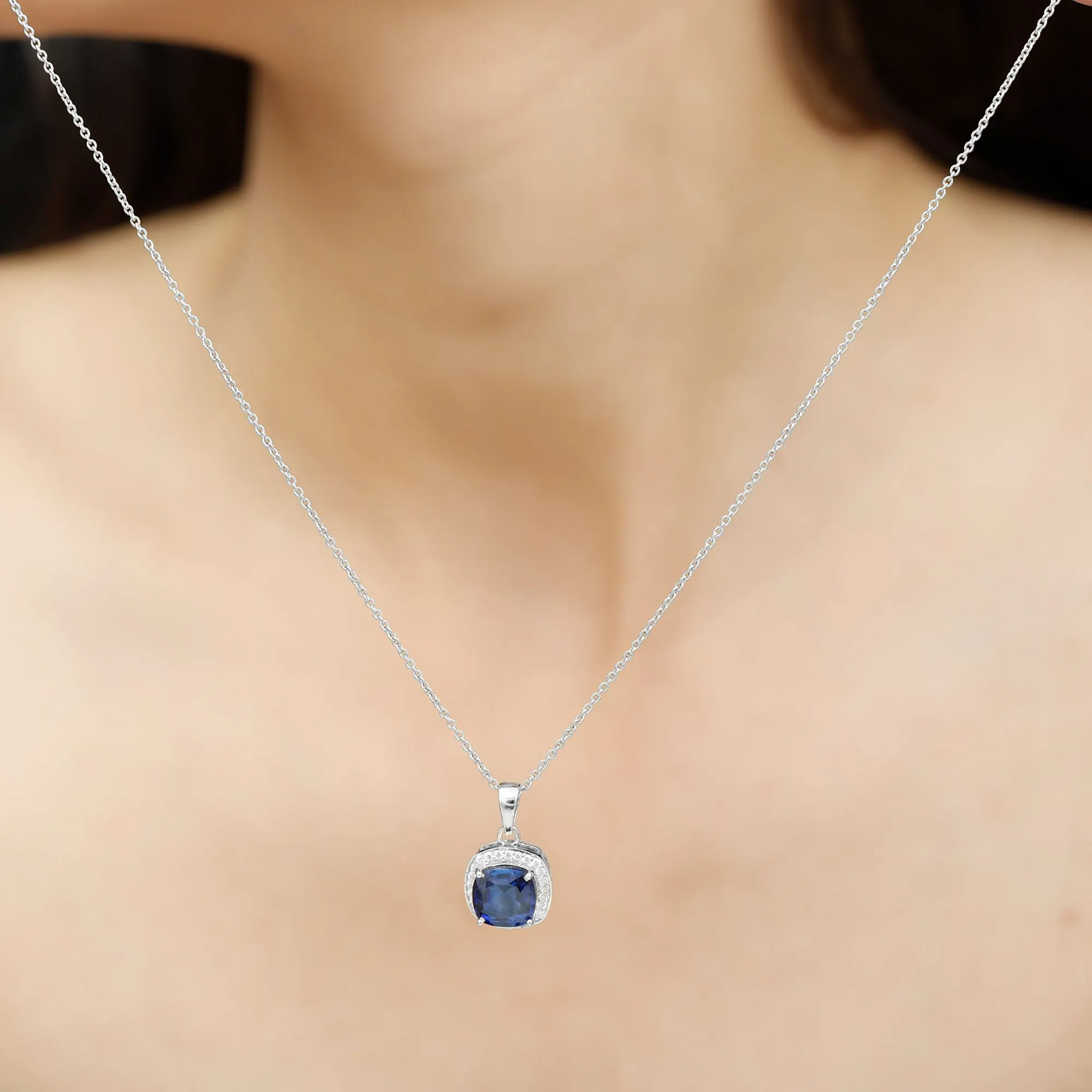 Cushion Cut Lab Created Blue Sapphire Halo Pendant Necklace With Moissanite