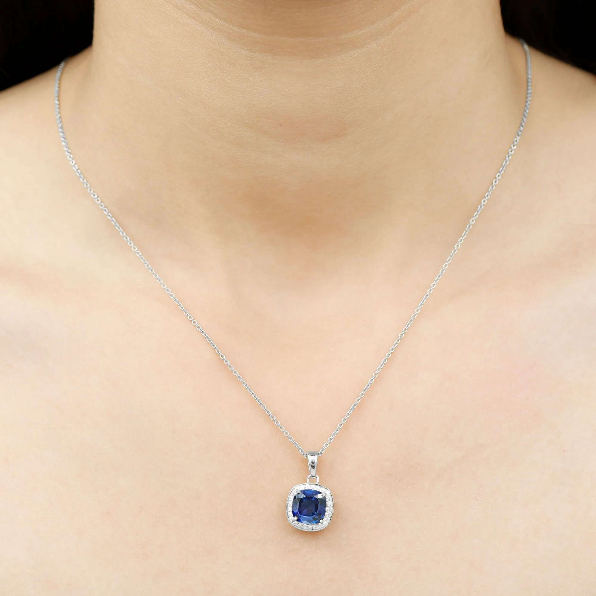 Cushion Cut Lab Created Blue Sapphire Halo Pendant Necklace With Moissanite