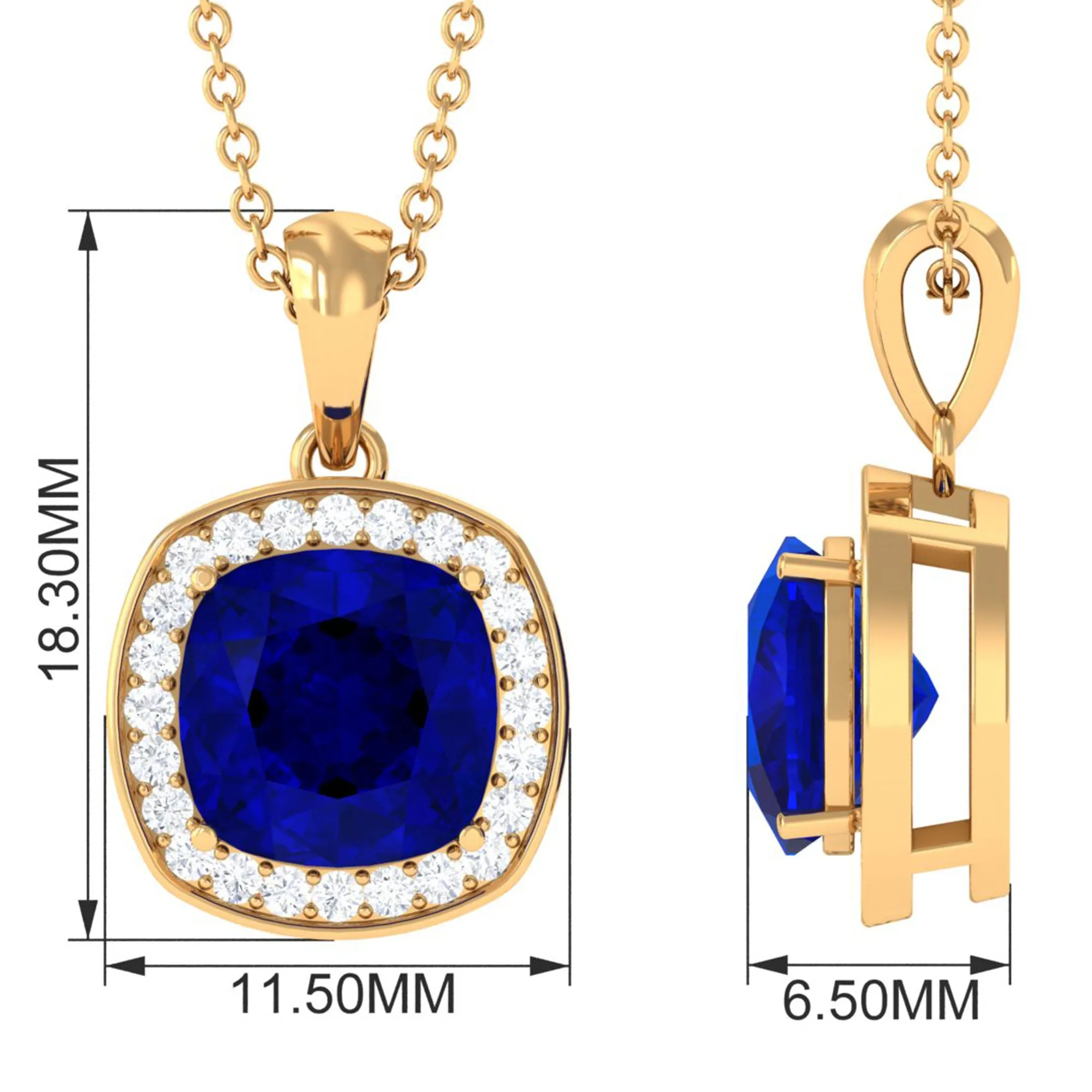 Cushion Cut Lab Created Blue Sapphire Halo Pendant Necklace With Moissanite