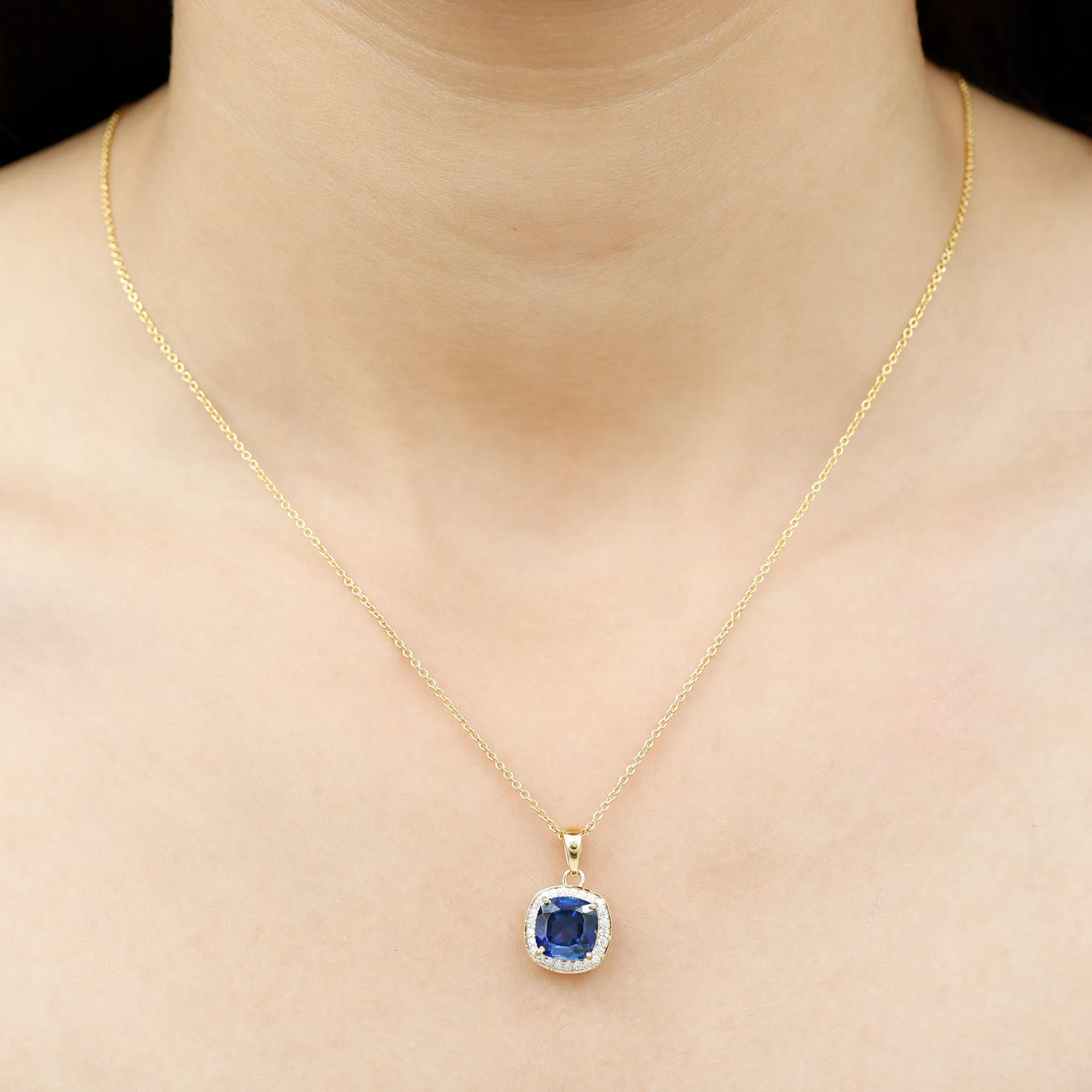 Cushion Cut Lab Created Blue Sapphire Halo Pendant Necklace With Moissanite