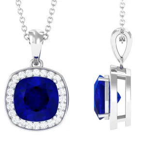 Cushion Cut Lab Created Blue Sapphire Halo Pendant Necklace With Moissanite