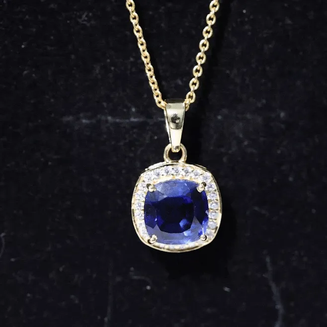 Cushion Cut Lab Created Blue Sapphire Halo Pendant Necklace With Moissanite