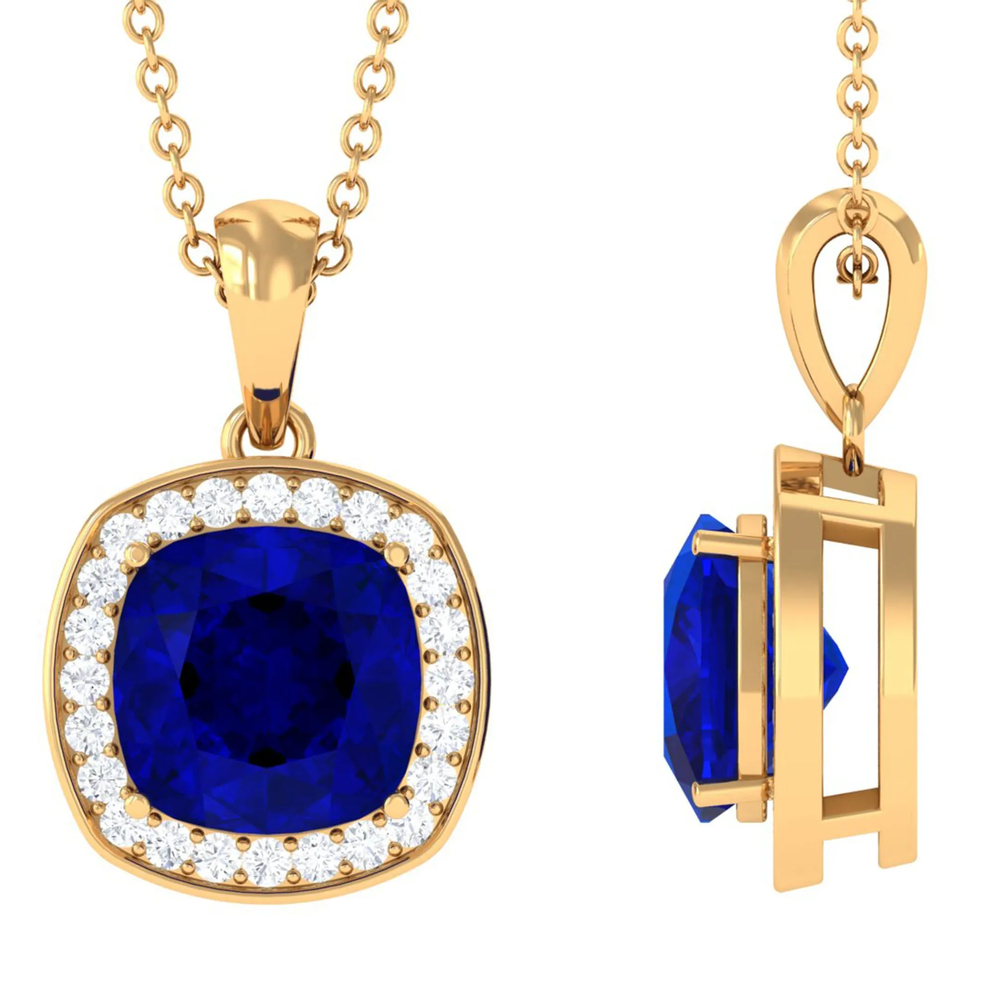 Cushion Cut Lab Created Blue Sapphire Halo Pendant Necklace With Moissanite
