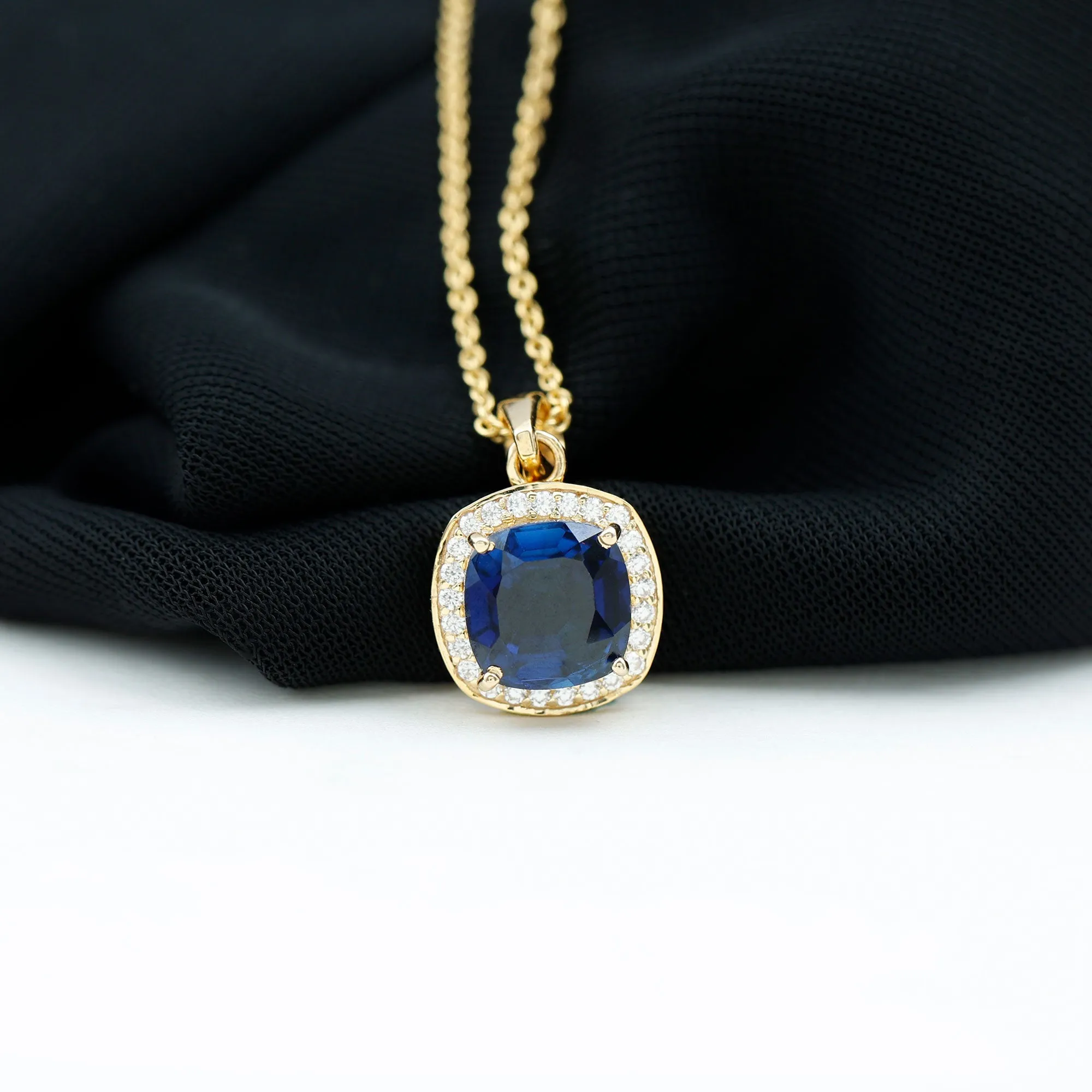 Cushion Cut Lab Created Blue Sapphire Halo Pendant Necklace With Moissanite