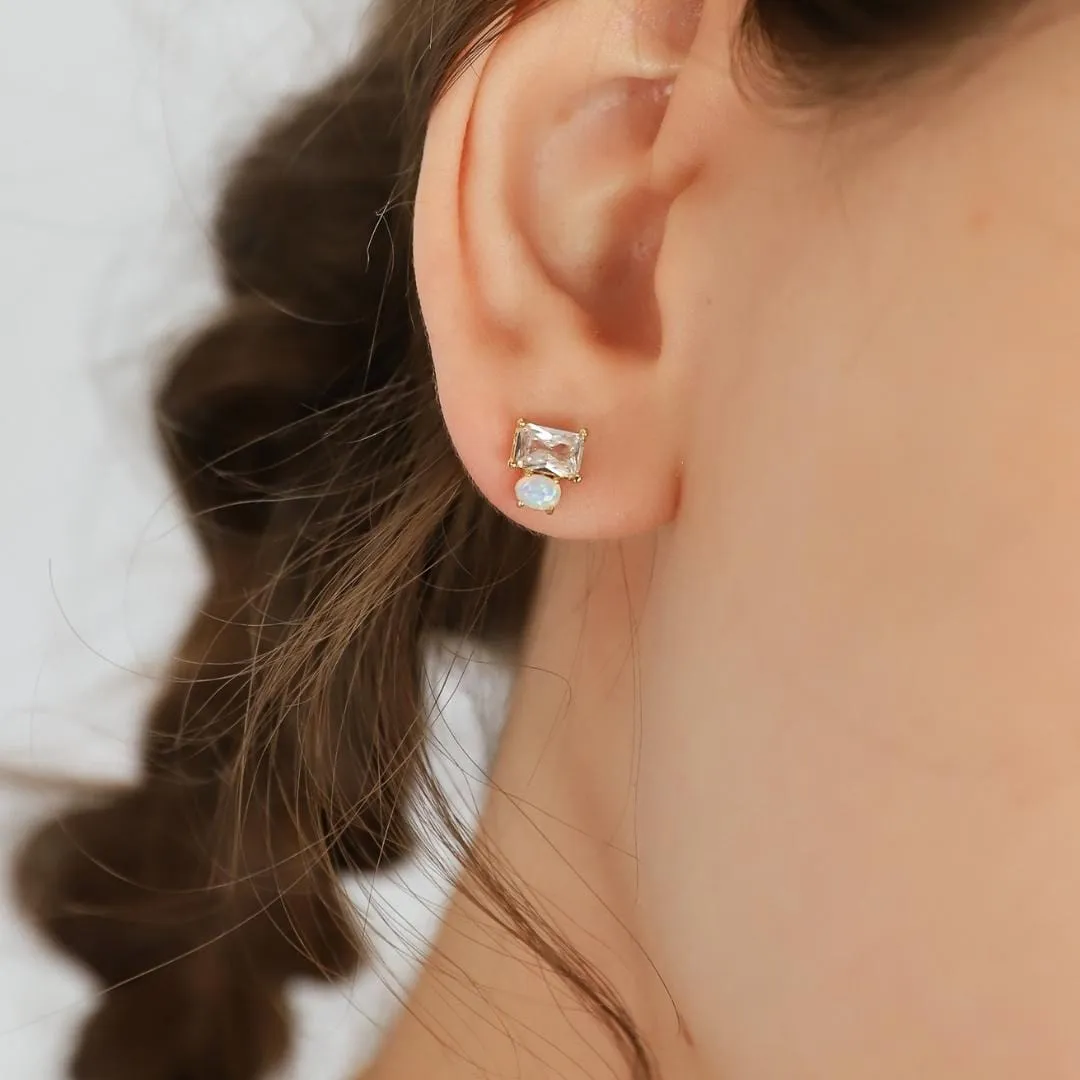 CZ And Opal Simple Stud Earrings