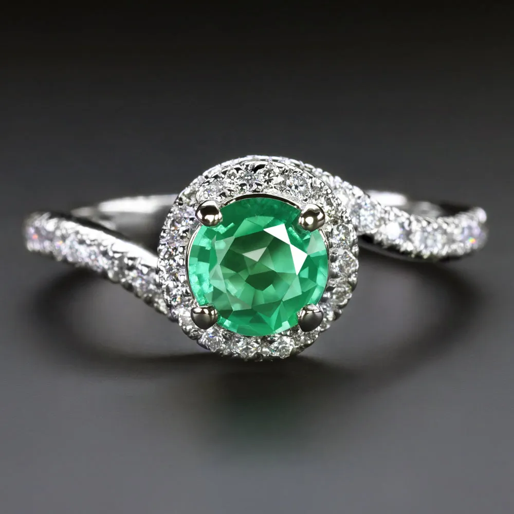 EMERALD DIAMOND COCKTAIL RING BYPASS HALO 14k WHITE GOLD NATURAL GREEN ROUND
