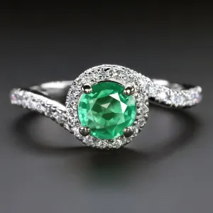 EMERALD DIAMOND COCKTAIL RING BYPASS HALO 14k WHITE GOLD NATURAL GREEN ROUND