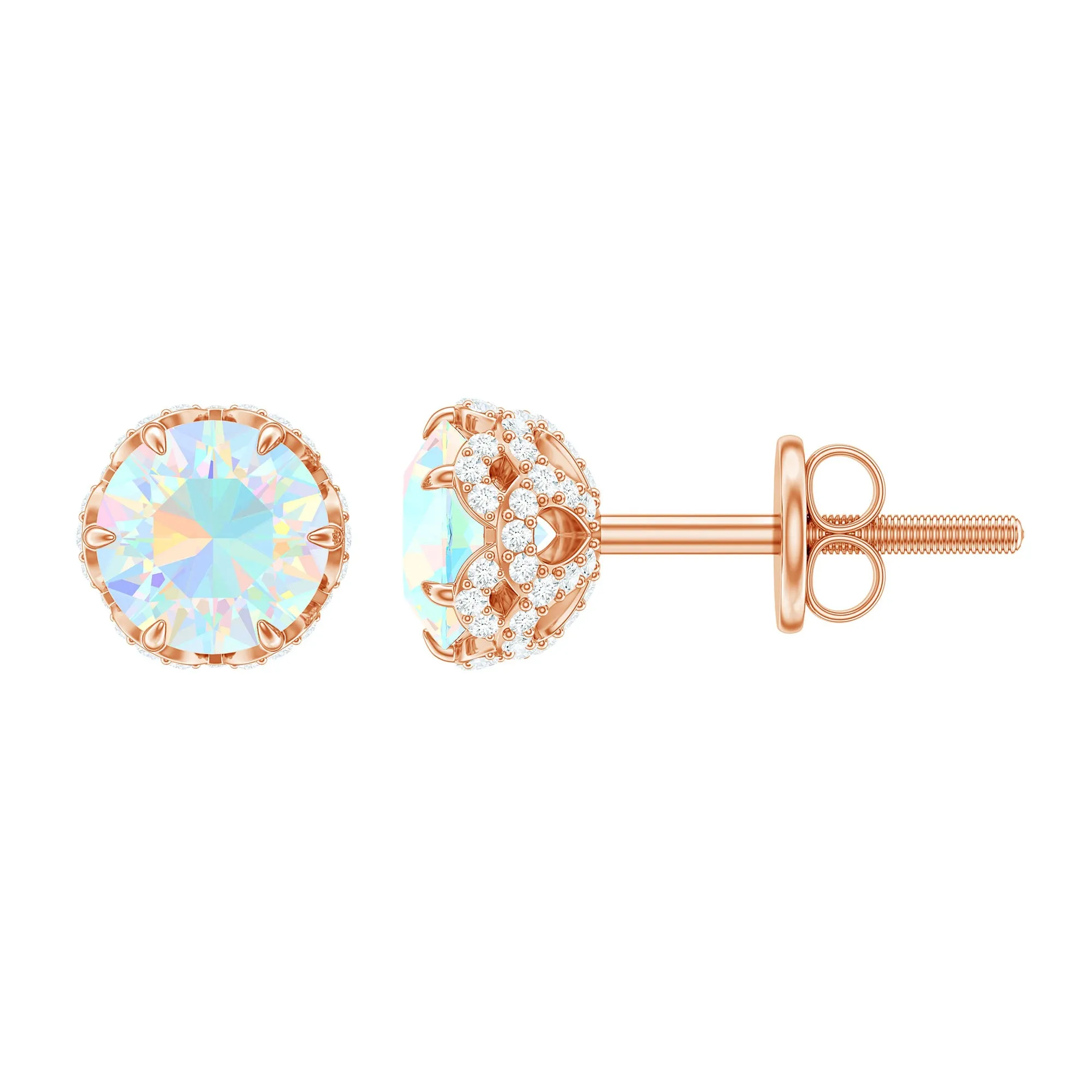Ethiopian Opal Solitaire Stud Earrings and Diamond Accent