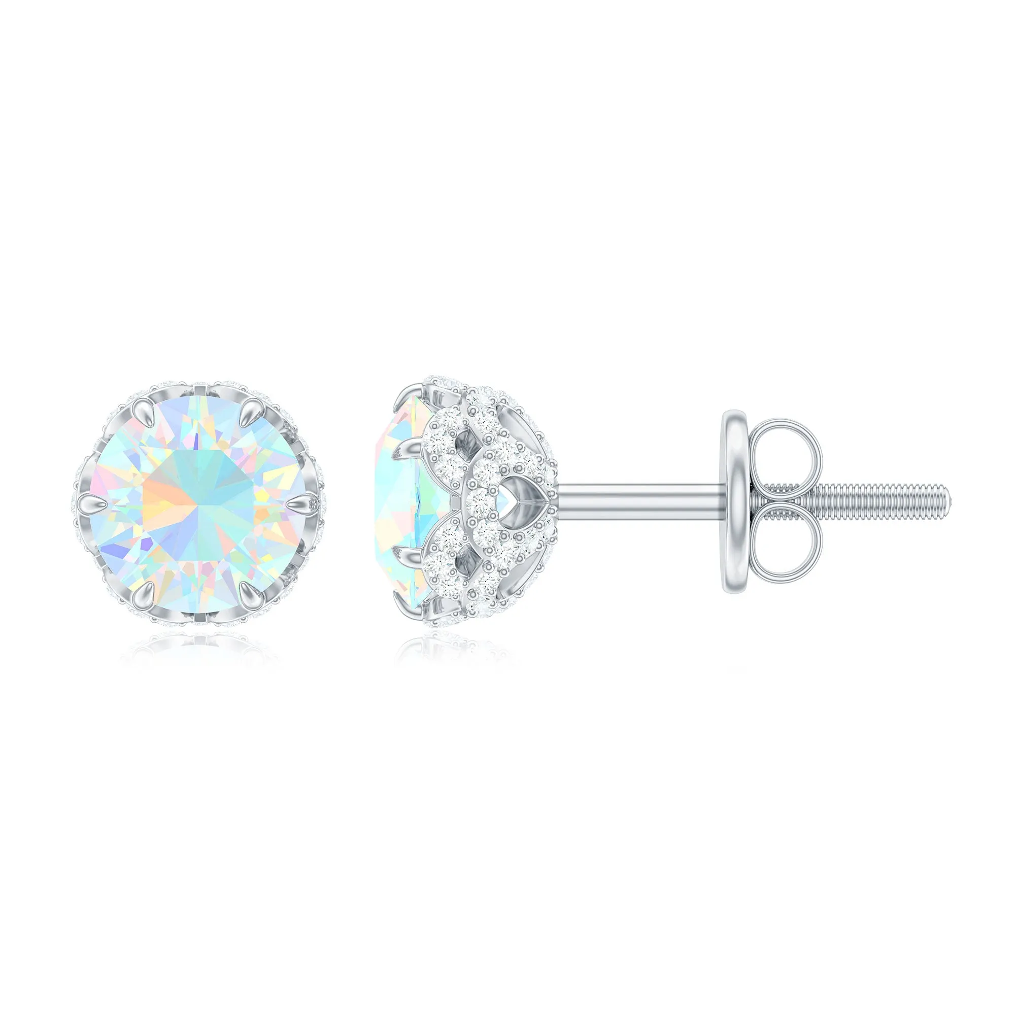 Ethiopian Opal Solitaire Stud Earrings and Diamond Accent