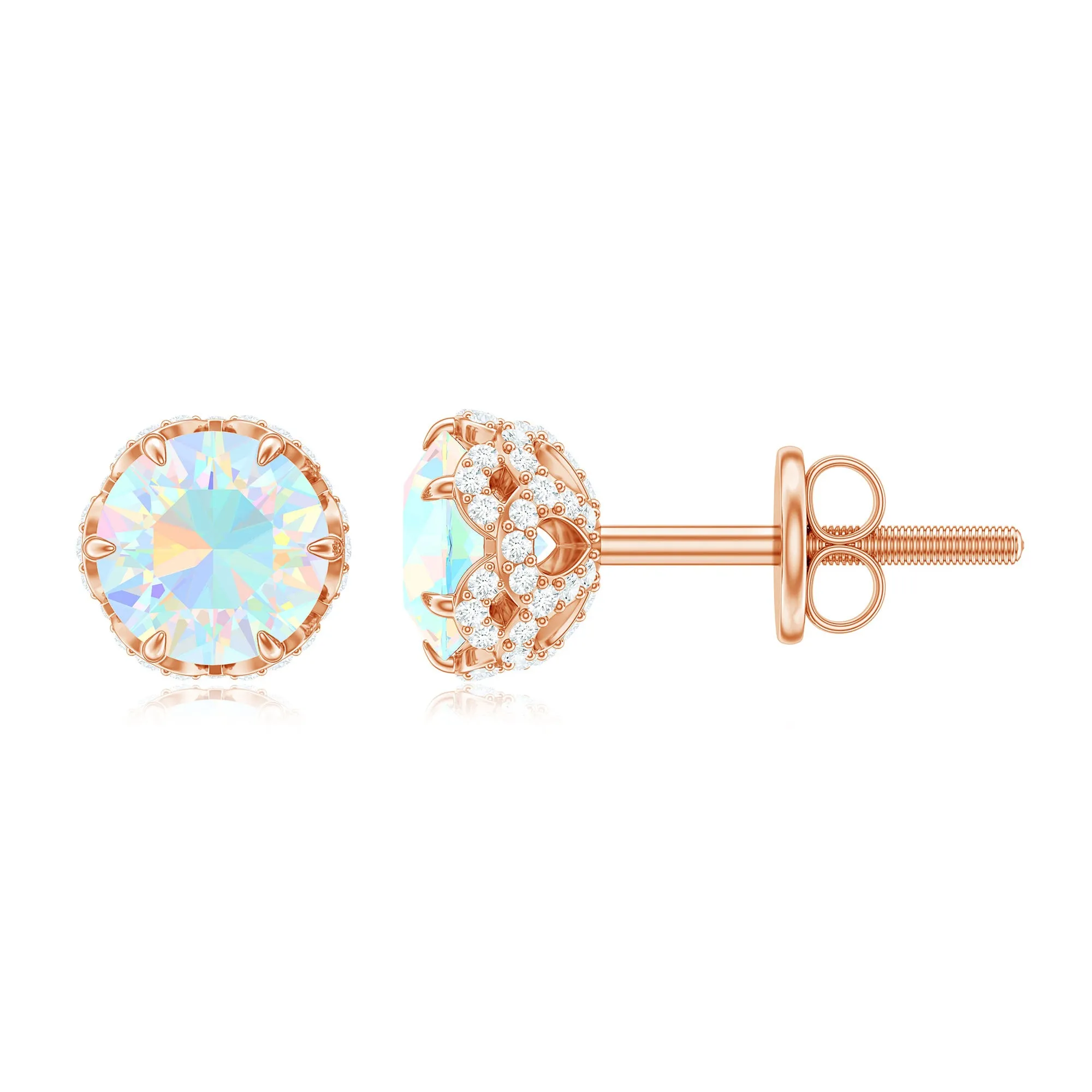 Ethiopian Opal Solitaire Stud Earrings and Diamond Accent