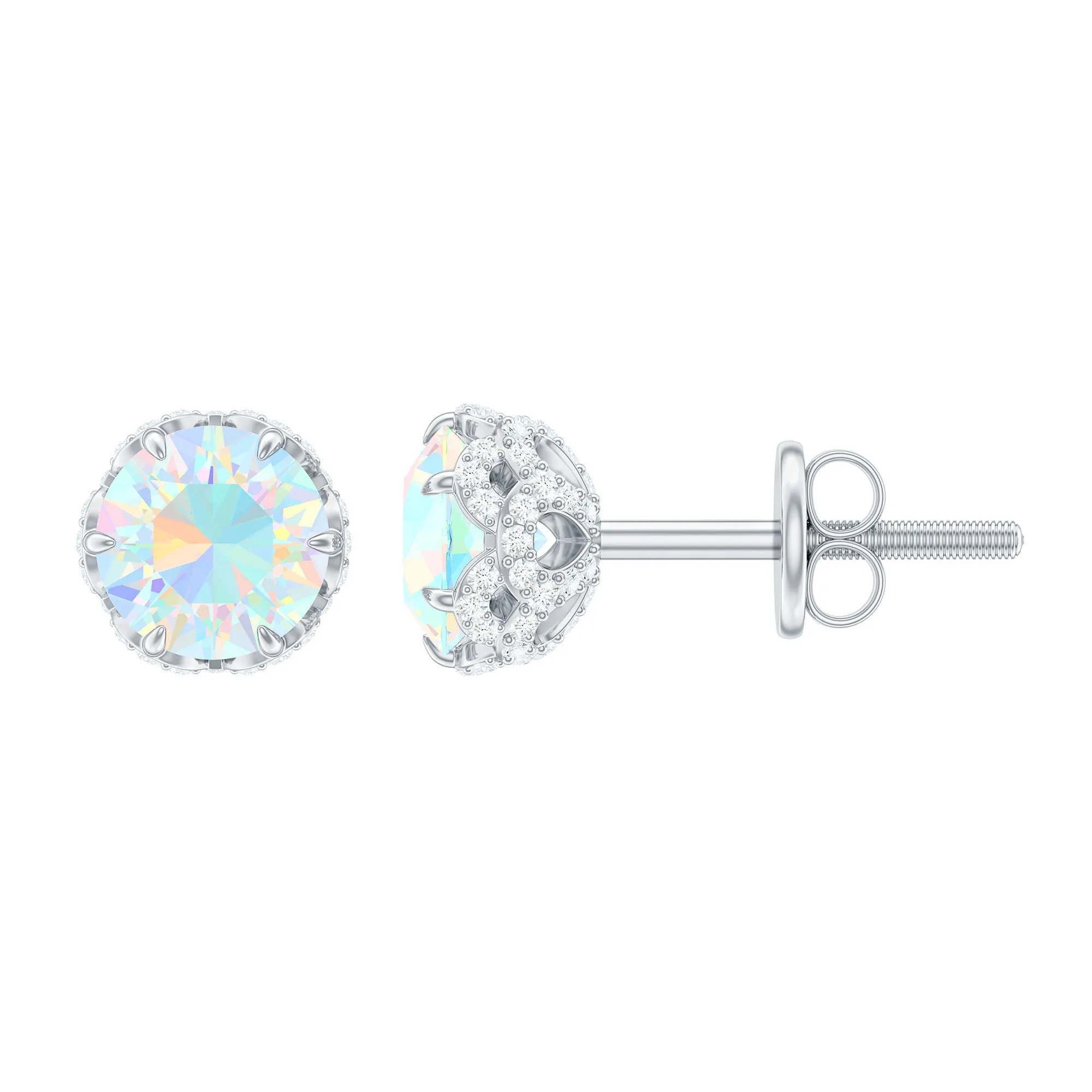 Ethiopian Opal Solitaire Stud Earrings and Diamond Accent